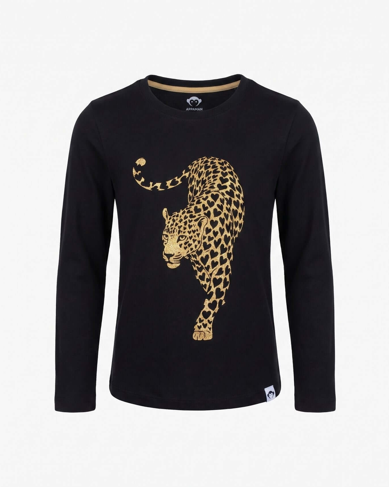 Black long-sleeve shirt with a gold leopard design on a white background