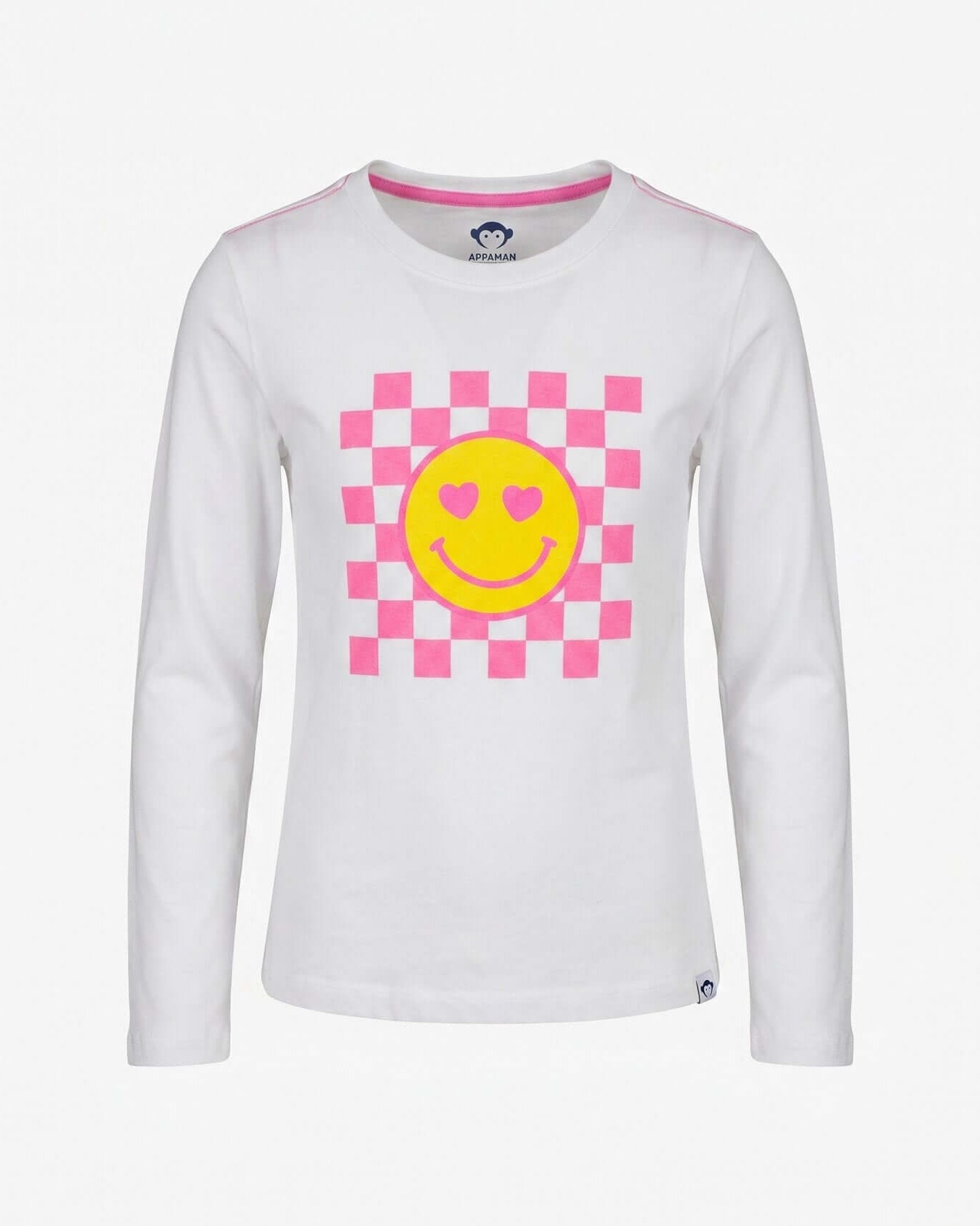 White long-sleeve shirt with a smiley face design on a white background