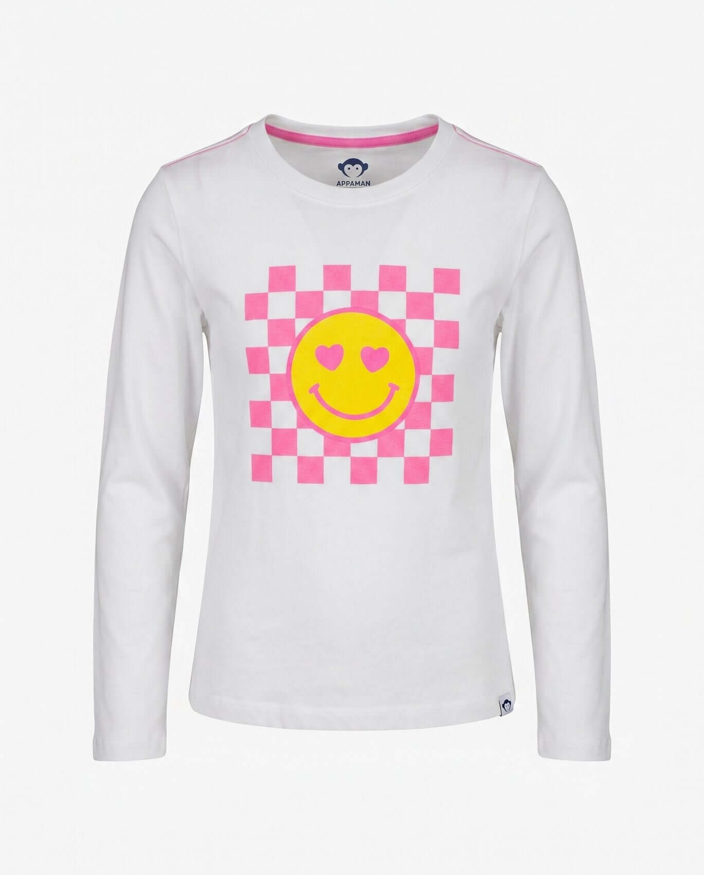 White long-sleeve shirt with a smiley face design on a white background