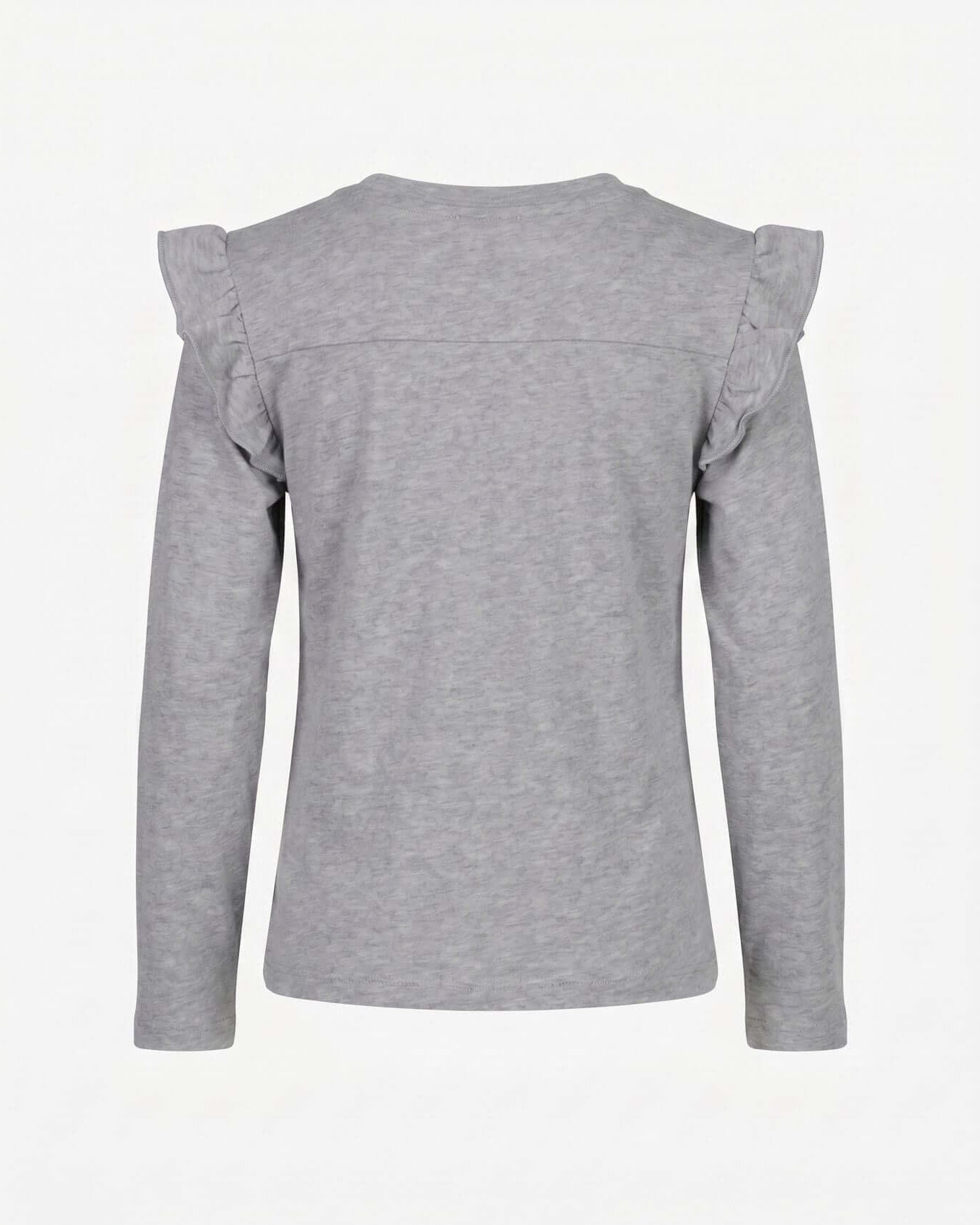 Gray long-sleeve top with ruffled shoulders on a white background
