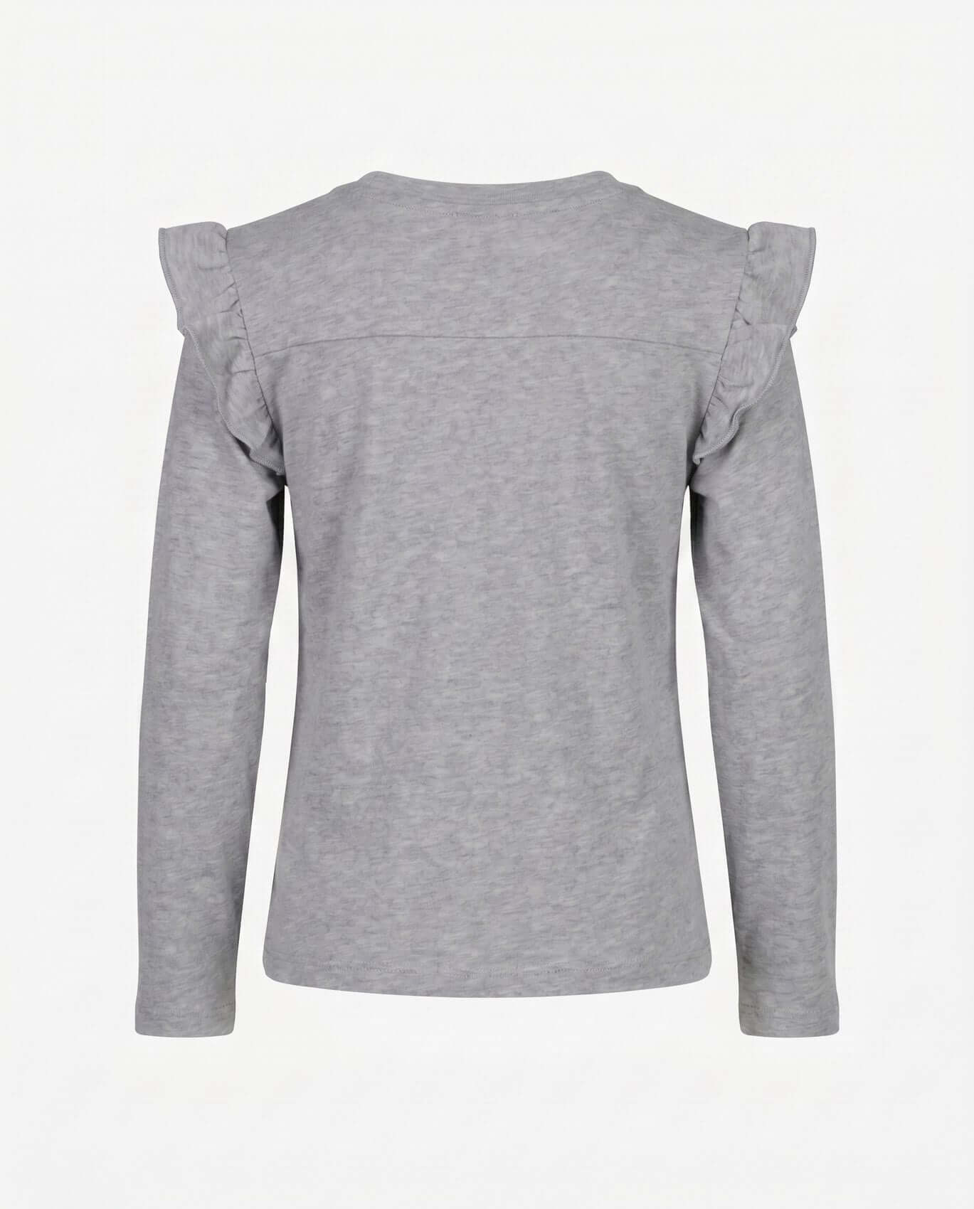 Gray long-sleeve top with ruffled shoulders on a white background