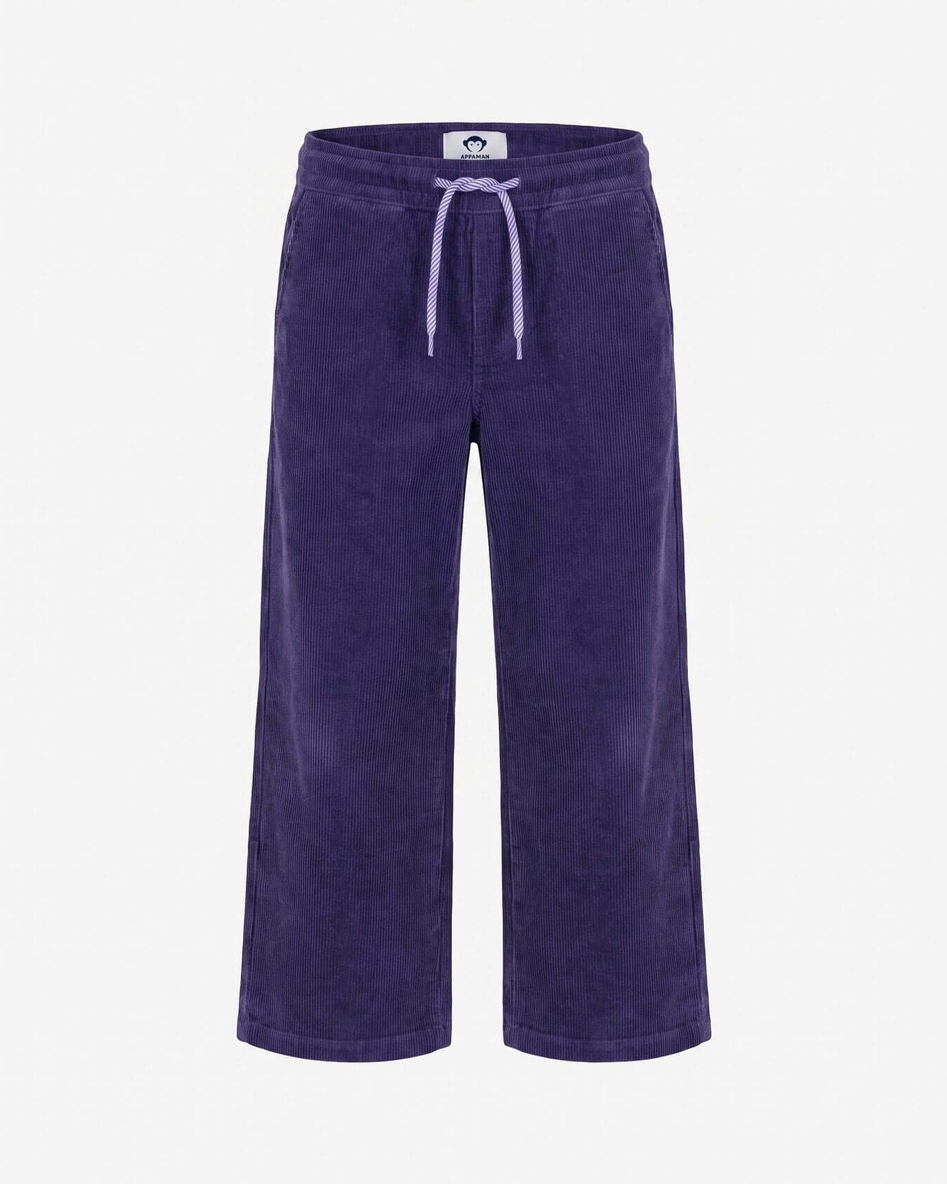 Purple corduroy pants with a drawstring on a white background