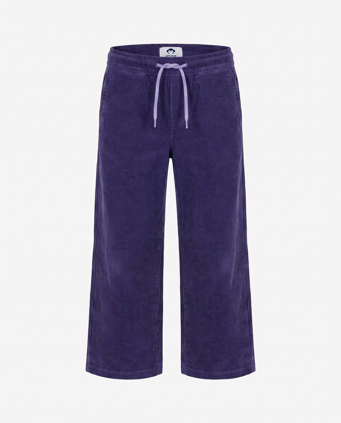 Purple corduroy pants with a drawstring on a white background