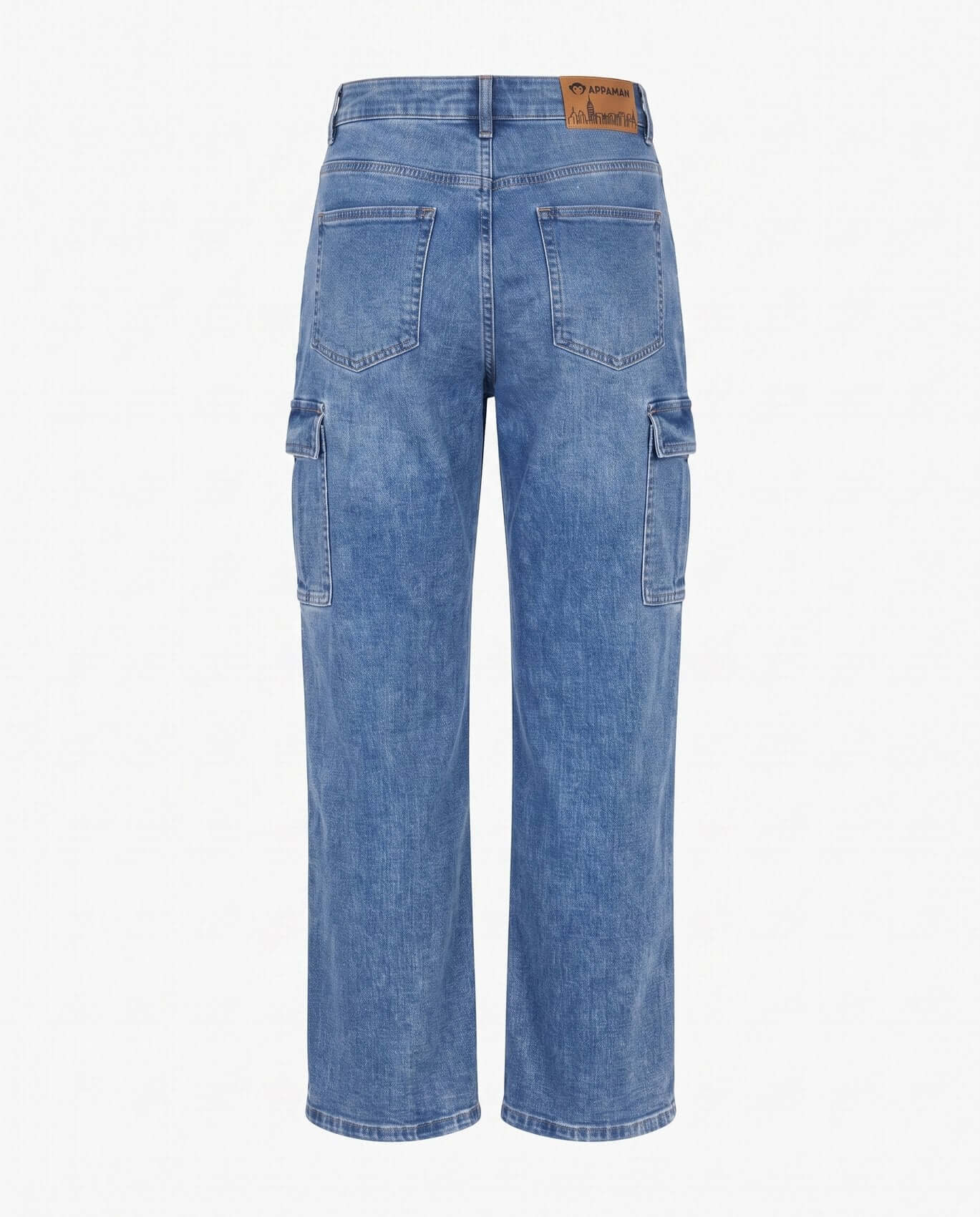 Blue jeans with cargo pockets on a white background