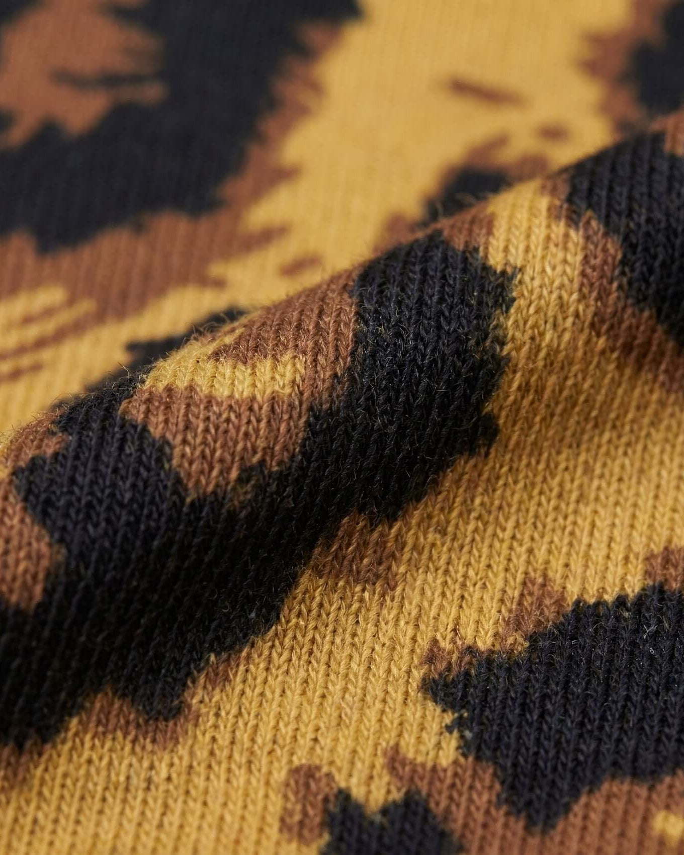 Close-up of a knitted fabric with a camouflage pattern in brown, black, and beige.