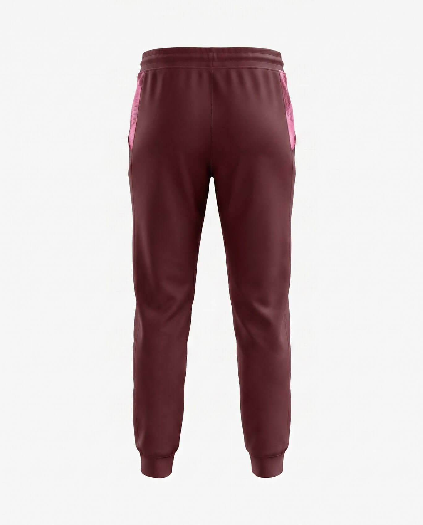 Maroon tracksuit pants with pink accents on a white background