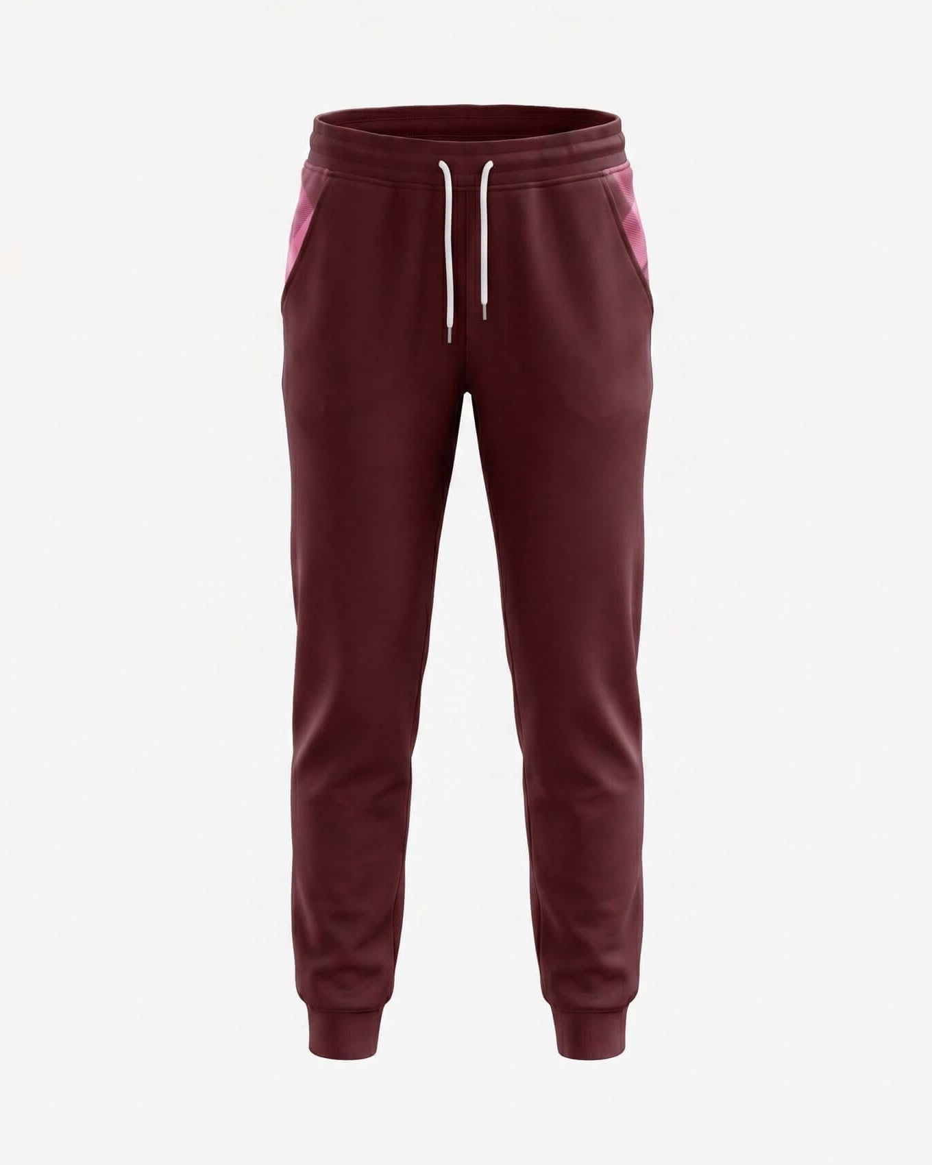 Maroon sweatpants with pink accents on a white background