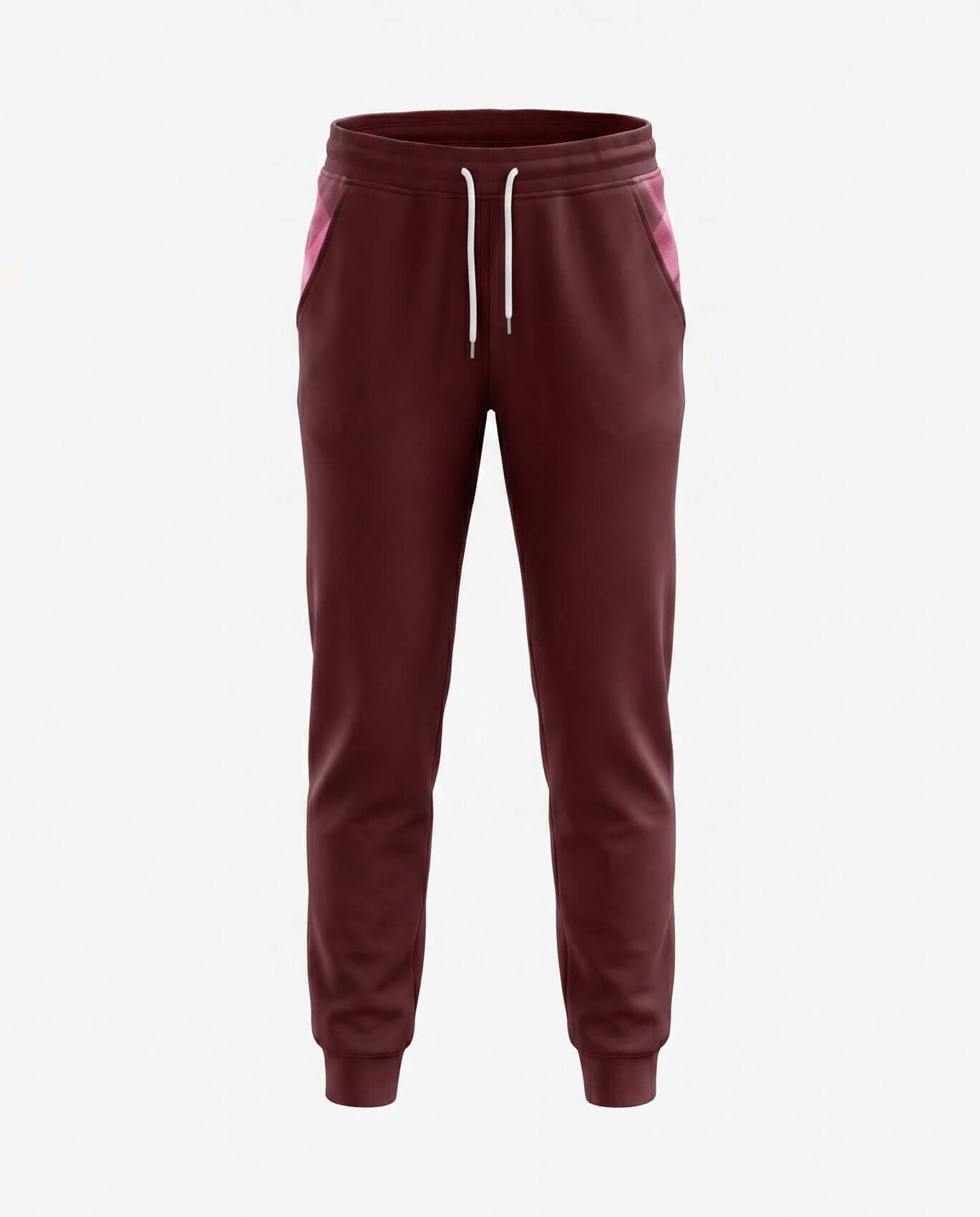 Maroon sweatpants with pink accents on a white background