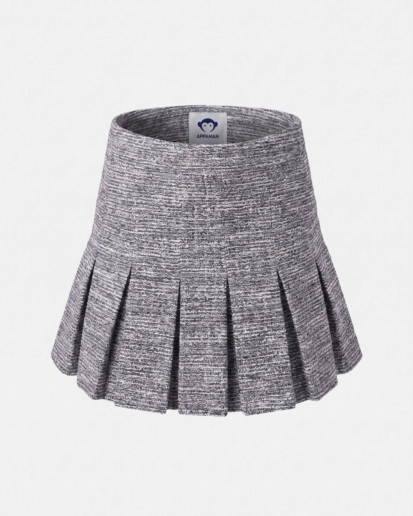 Gray pleated skirt on a white background with a brand label.