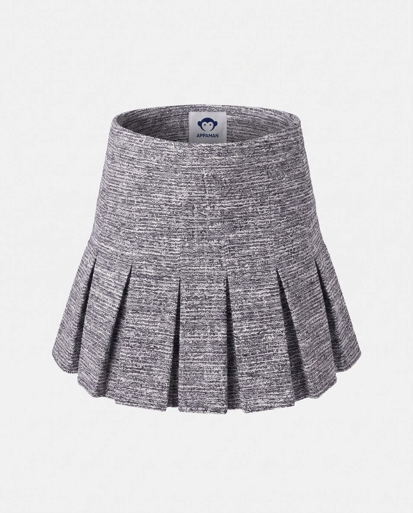 Gray pleated skirt on a white background with a brand label.