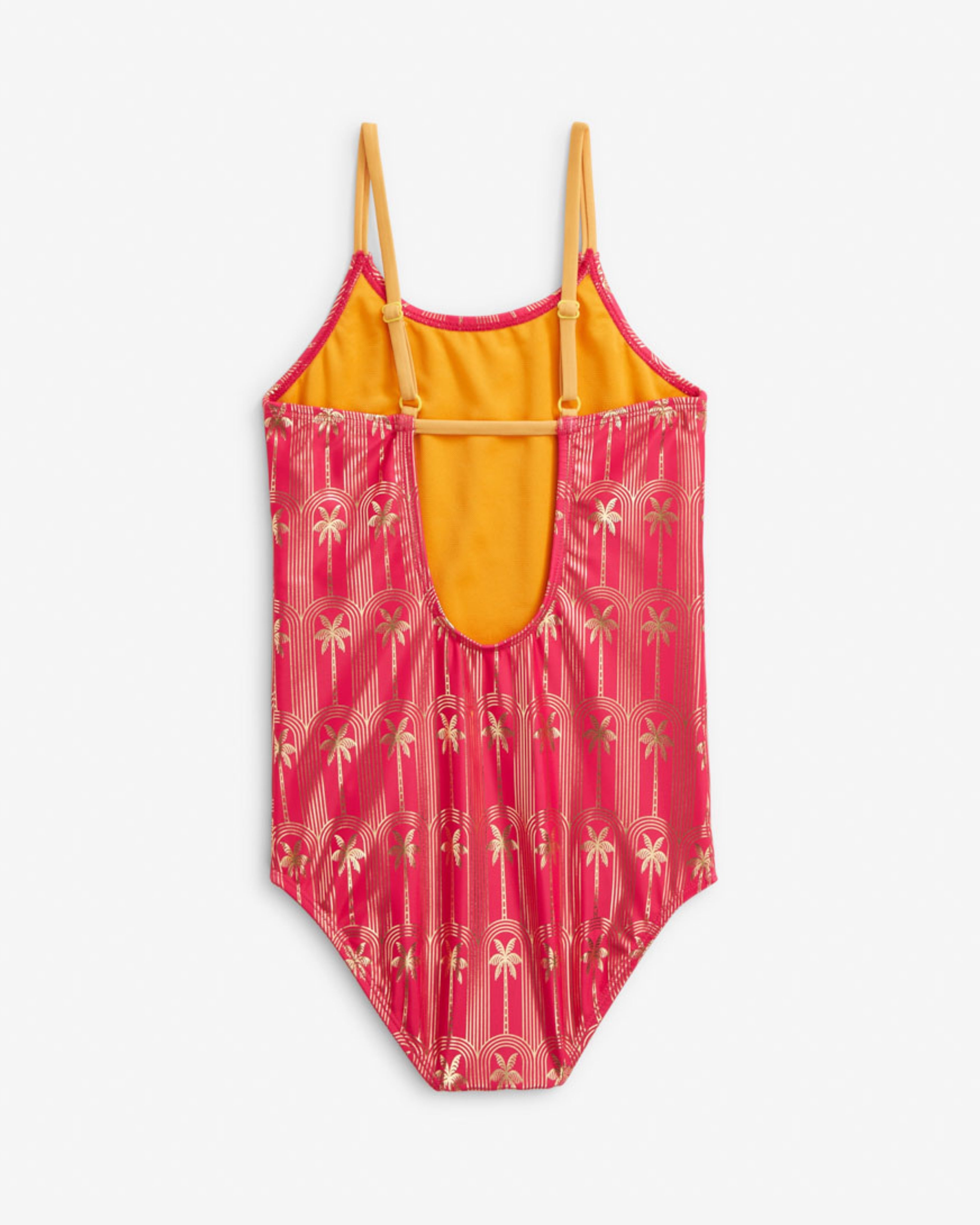 Gold Palms Taylor Swimsuit featuring bright pink with palm graphics and yellow accents.