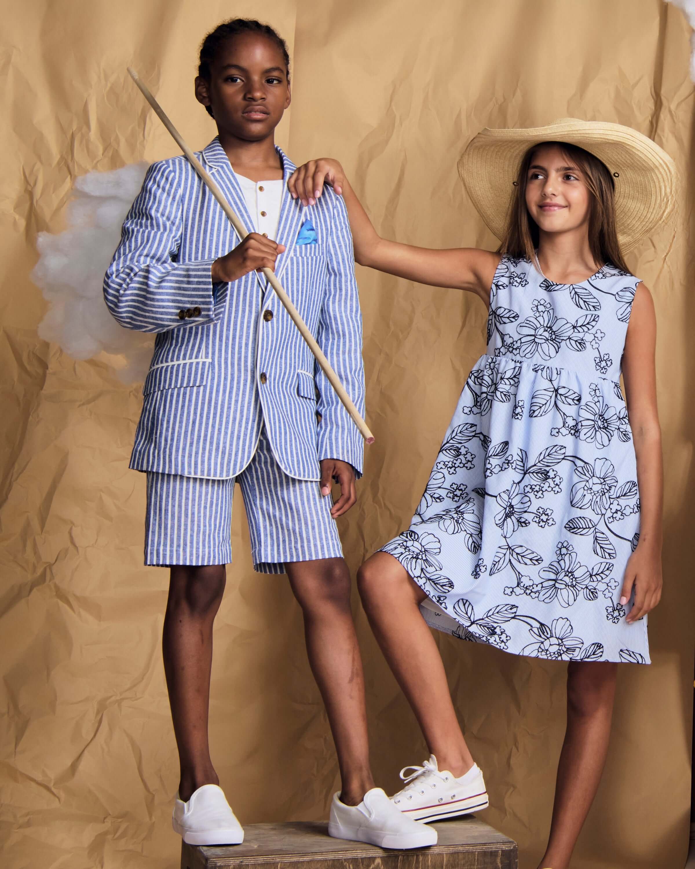 Linen Canopy Stripe Trouser Short styled with a matching jacket and a floral dress for summer fashion.