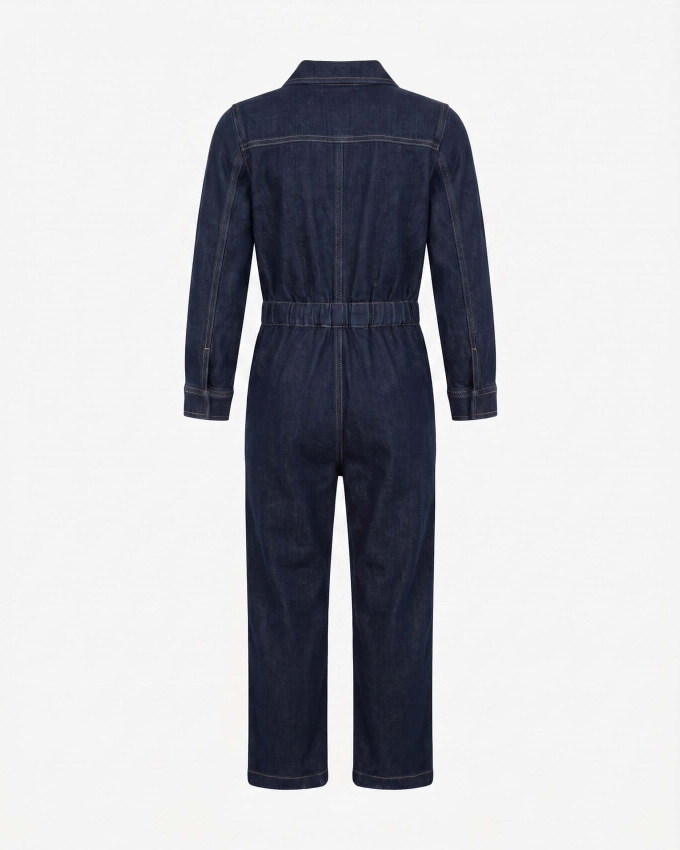 Dark denim jumpsuit on a white background