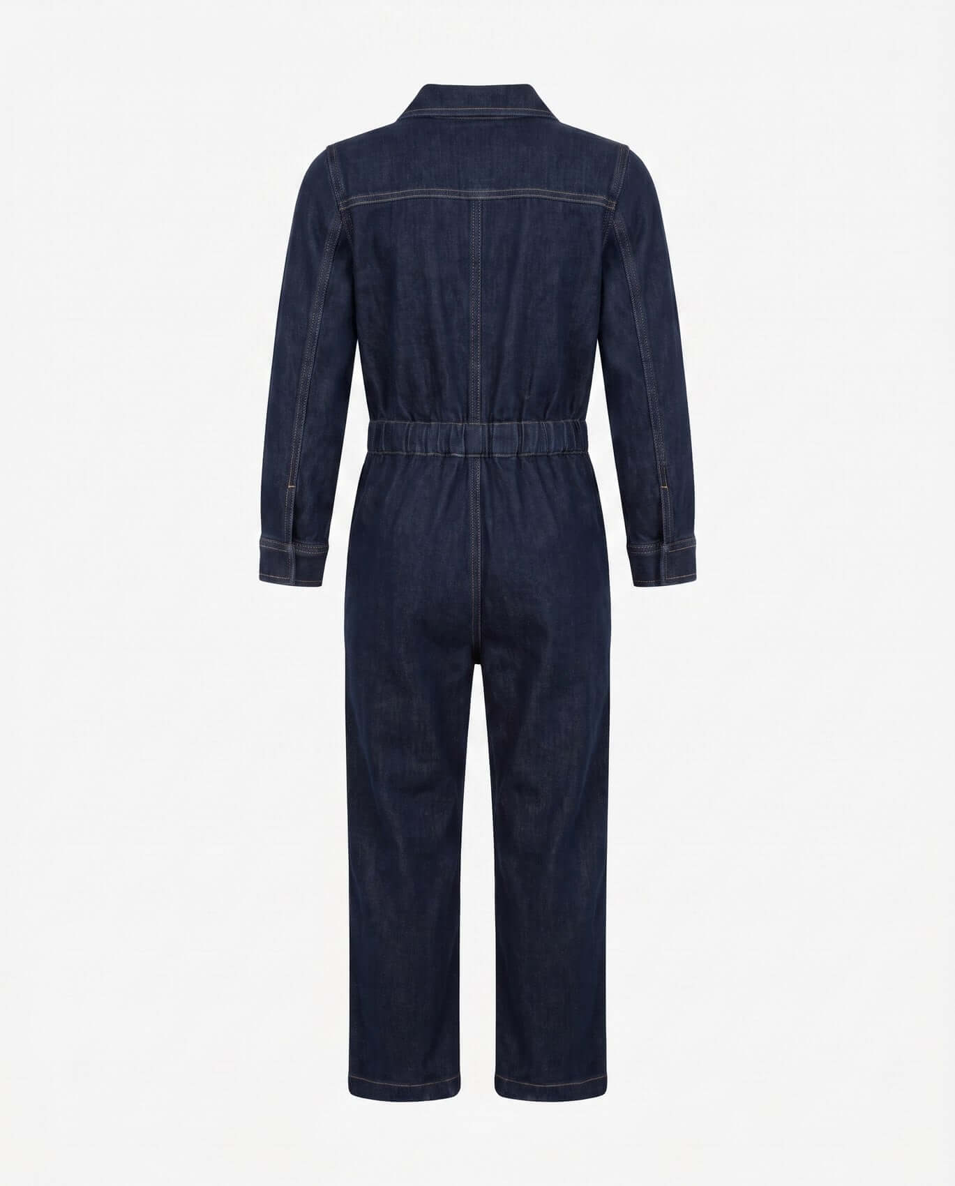 Dark denim jumpsuit on a white background