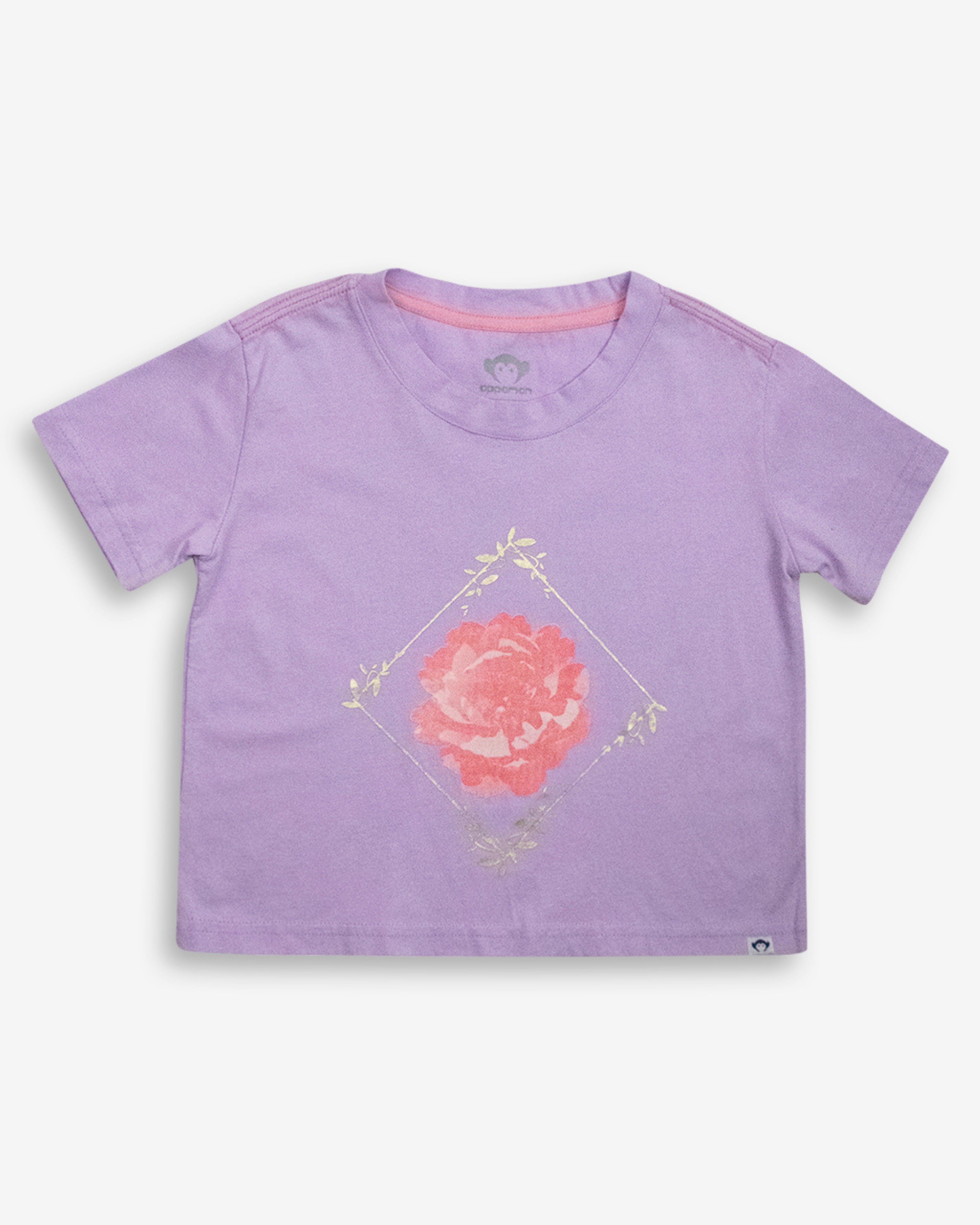 Lavender Rose Lillian Boxy Tee in lavender with a playful rose graphic on the front.
