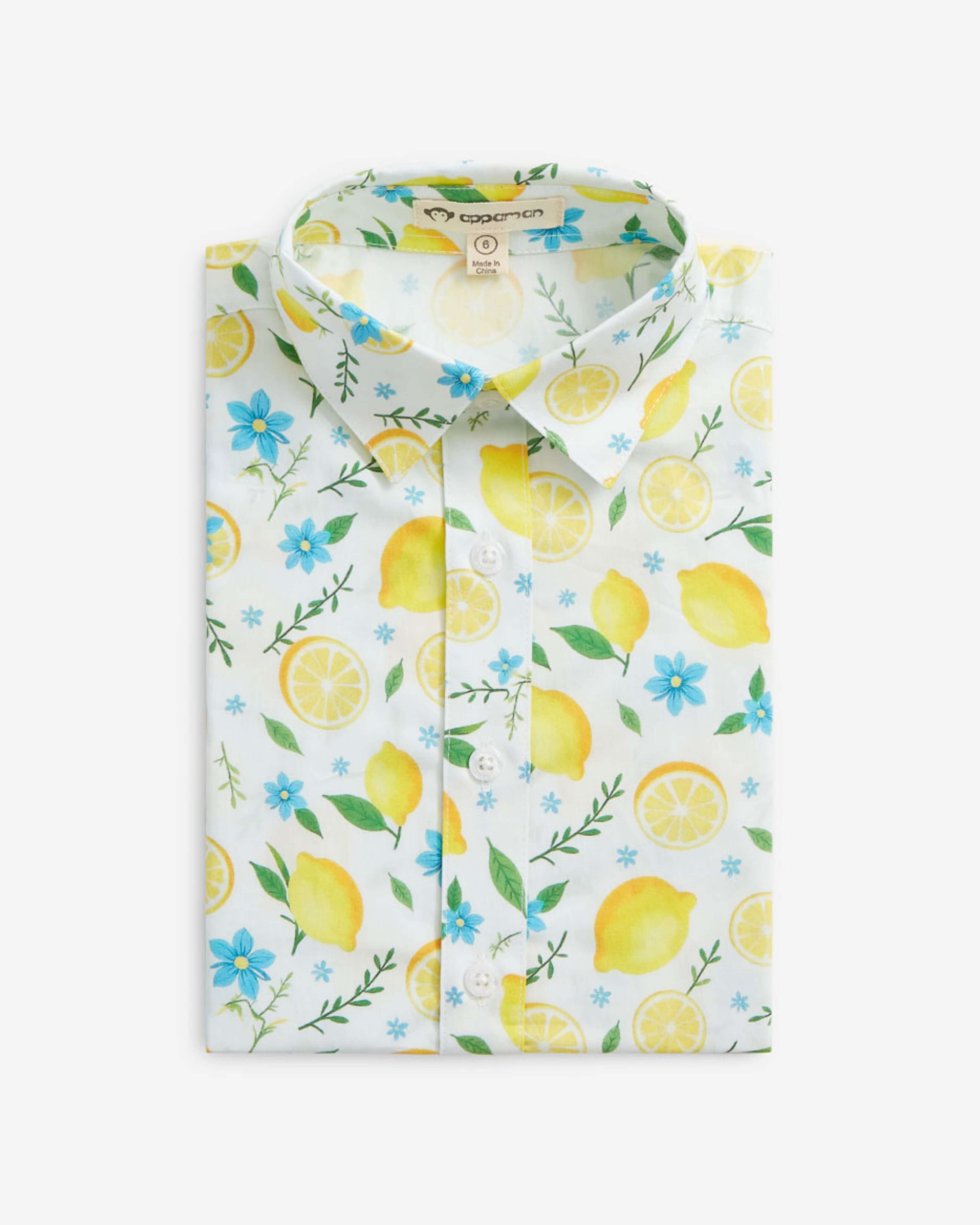 Lemon Zest Day Party Shirt featuring lemon and flower print, lightweight cotton fabric, perfect for summer events.