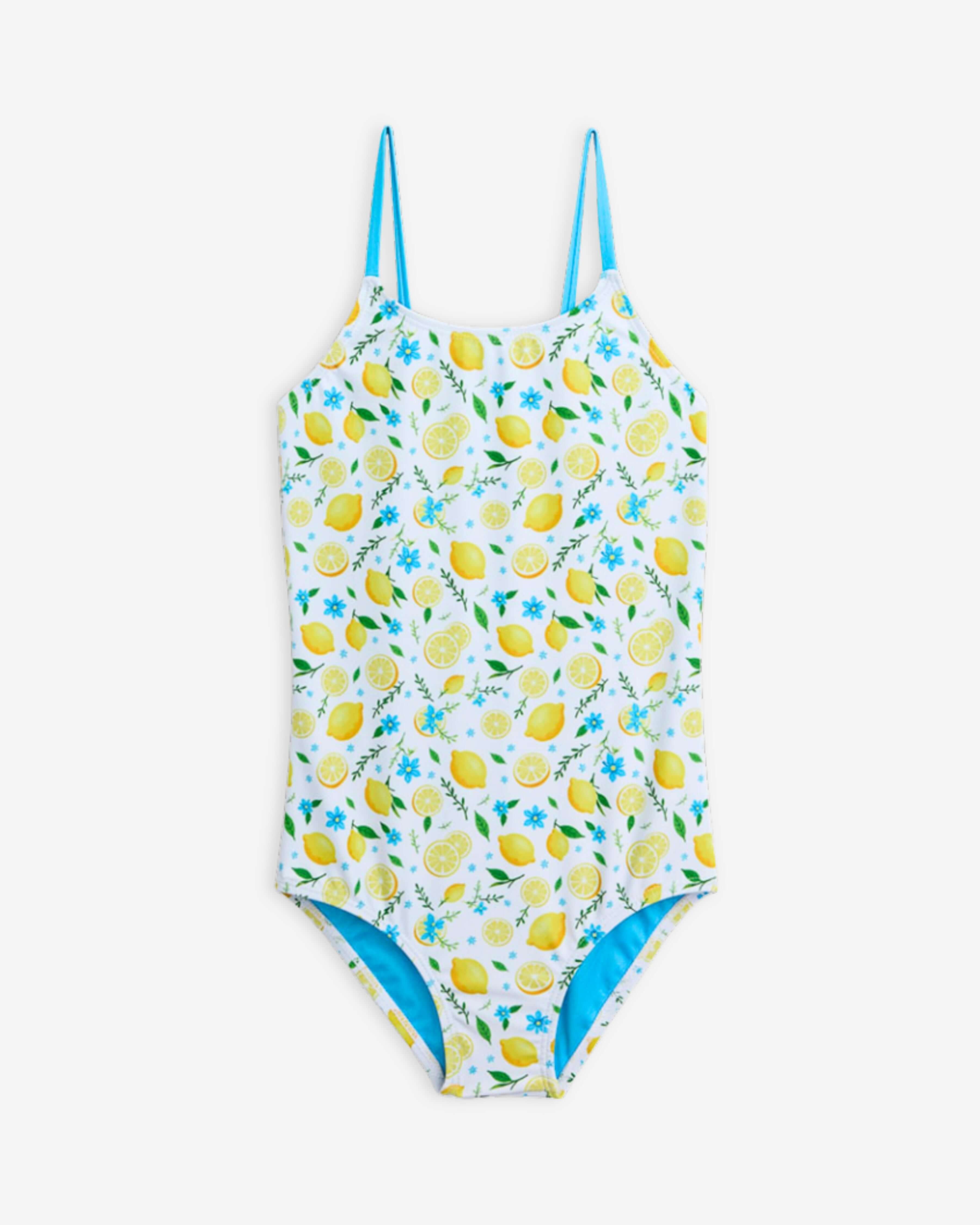 Lemon Zest Taylor Swimsuit featuring a vibrant lemon print and spaghetti straps for summer fun.