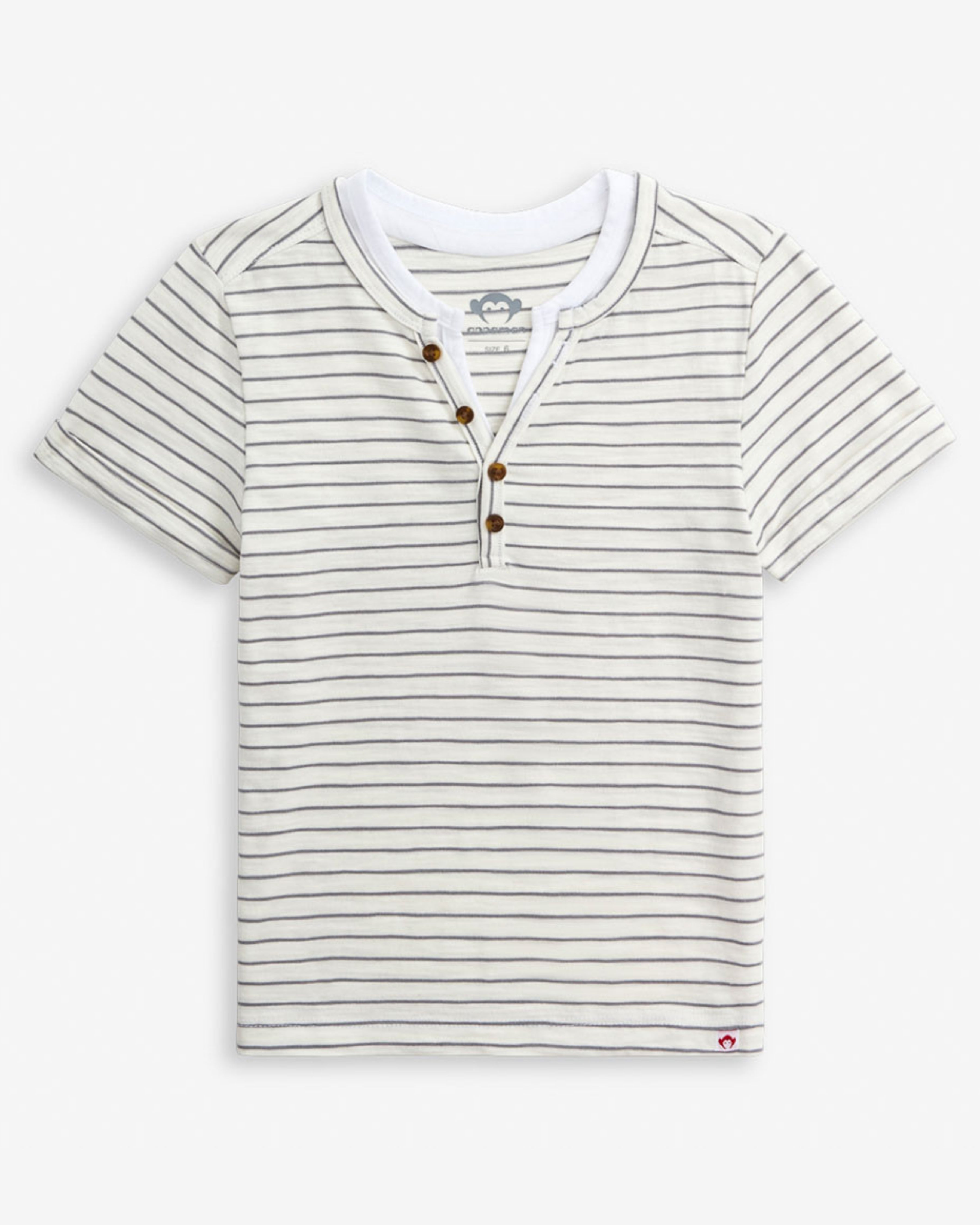 Light Grey Stripe Hilltop Henley featuring a button-down collar and classic striped pattern.