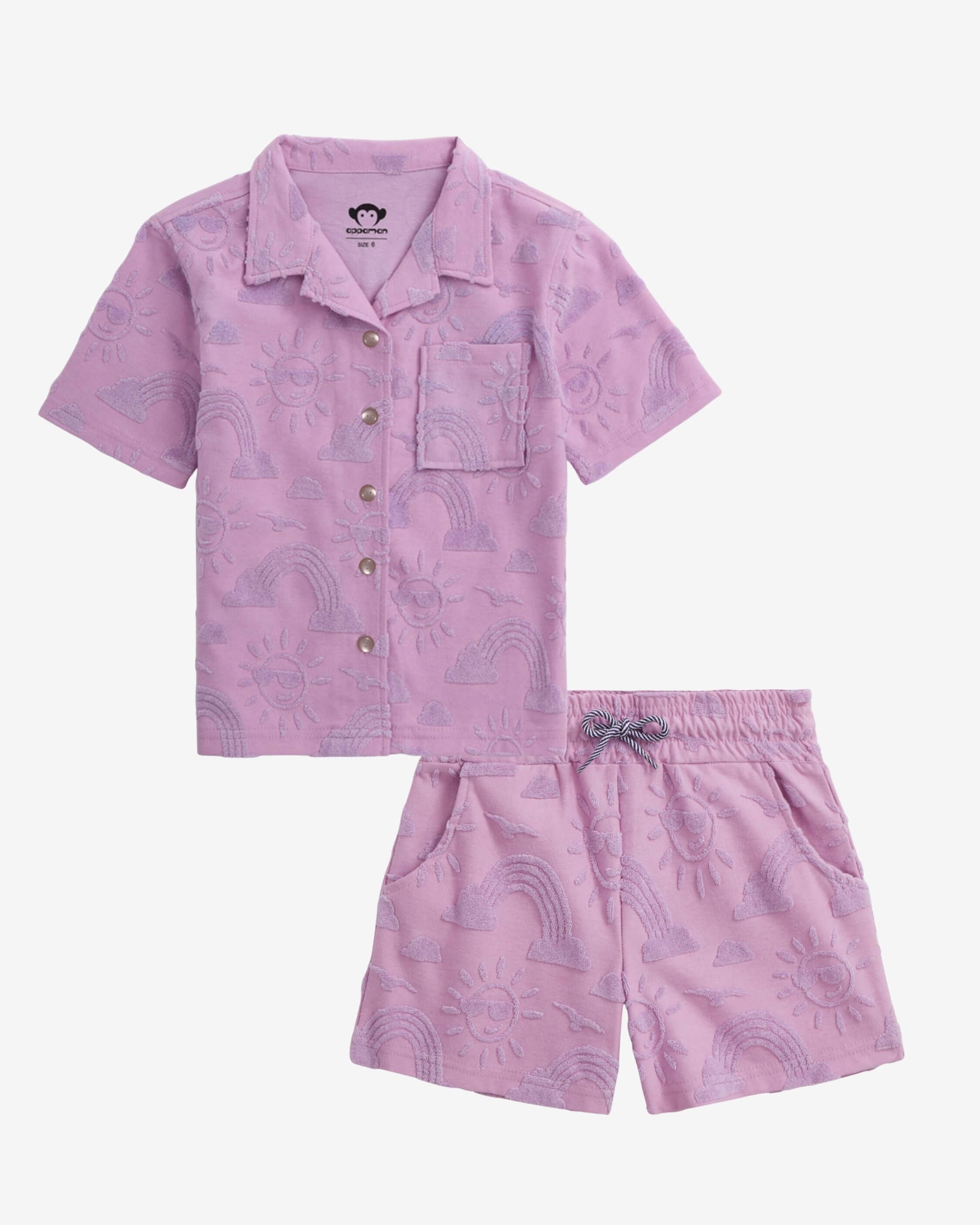 Lilac Resort Set featuring short-sleeve shirt and shorts with sun and rainbow print, high quality kids' clothing.