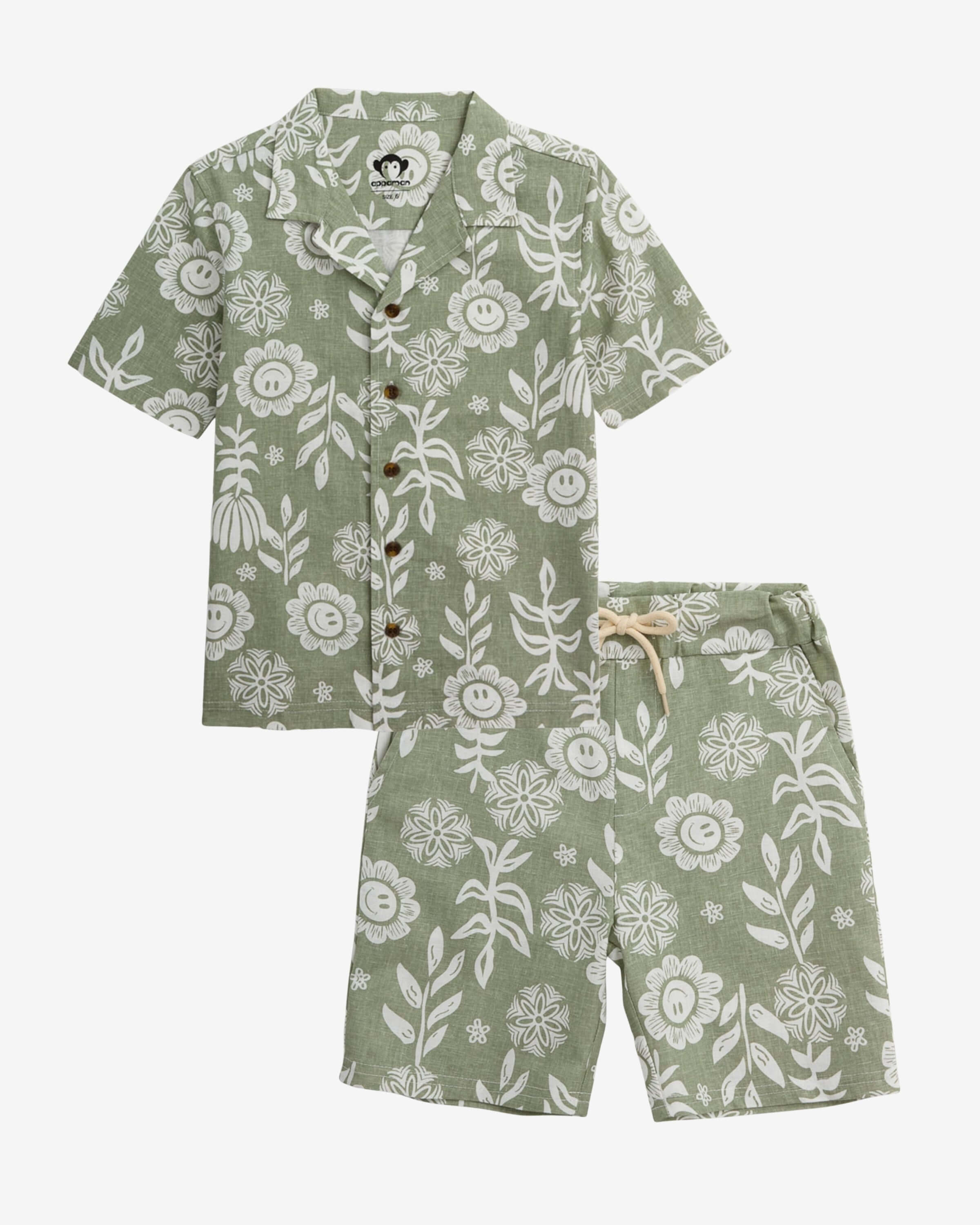 Linen Sage Sunflower Resort Set featuring breathable linen blend, shorts, and buttoned shirt, ideal for sunny play.