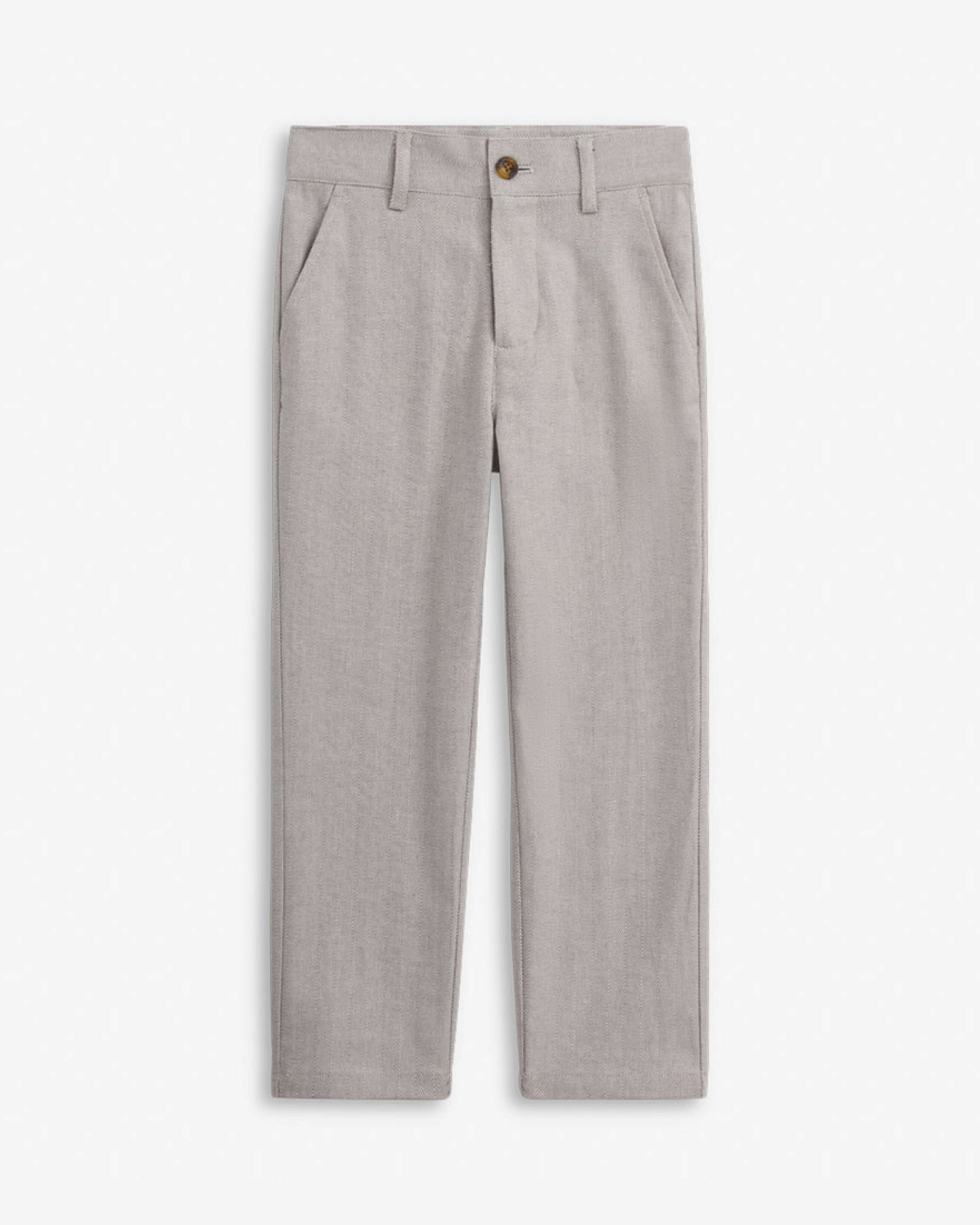 Linen Grey Beach Pant for boys with zipper, button closure, and functional pockets, perfect for summer events.