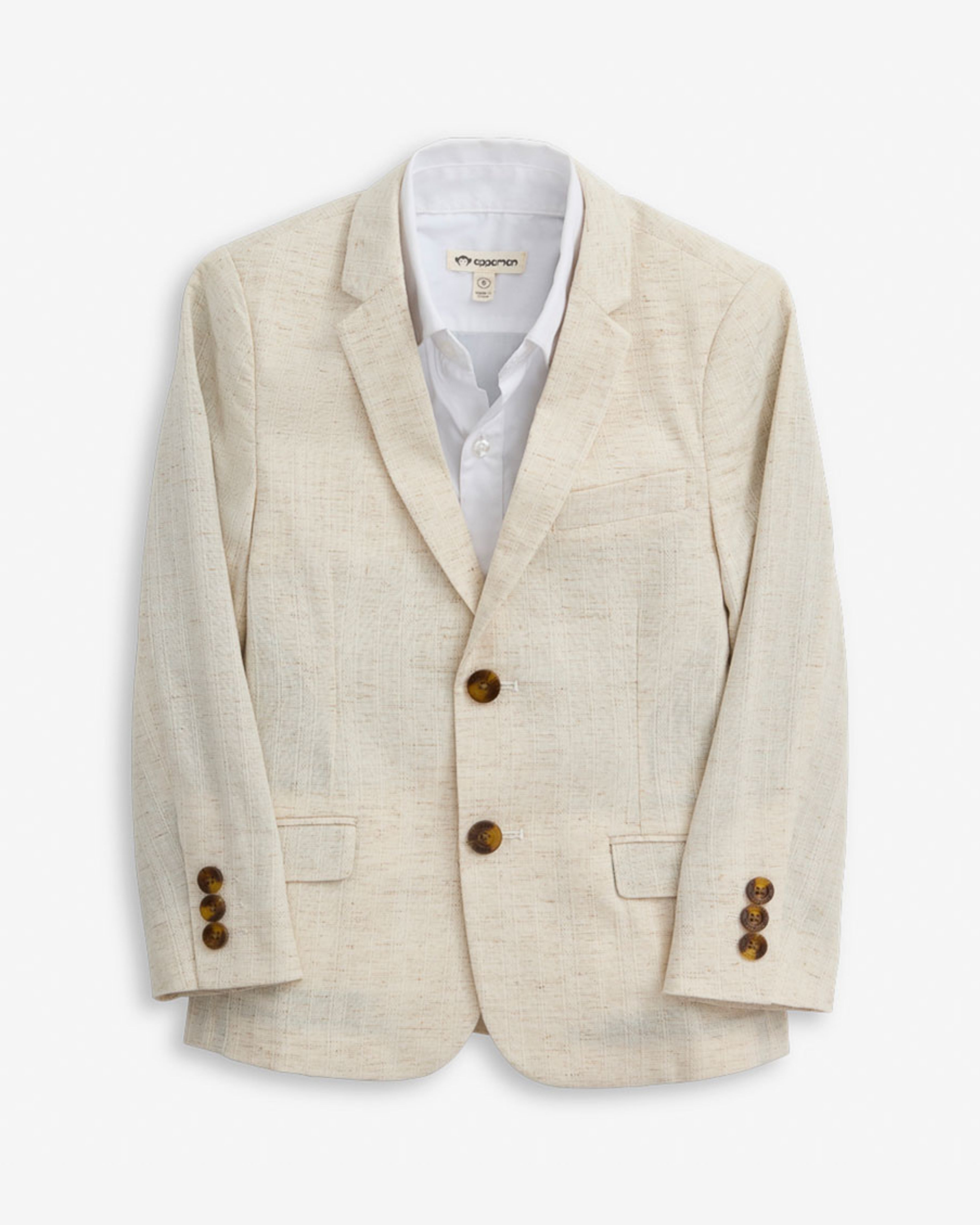 Linen Ivory Sports Jacket for boys, featuring classic lapels and polished buttons, perfect for summer events.