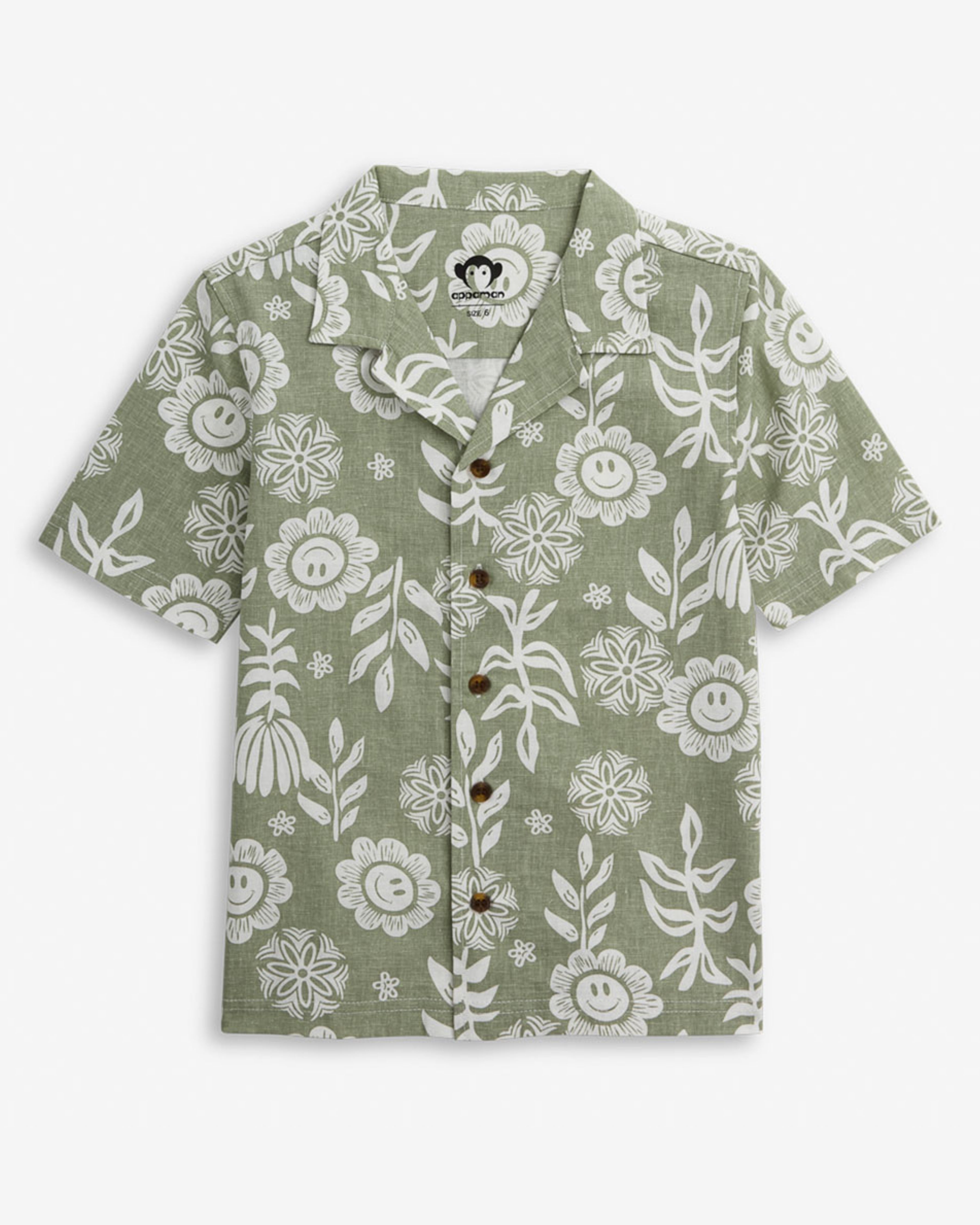 Linen Sage Sunflower Camp Collar Shirt featuring floral patterns in a light green color, perfect for Spring and Summer.