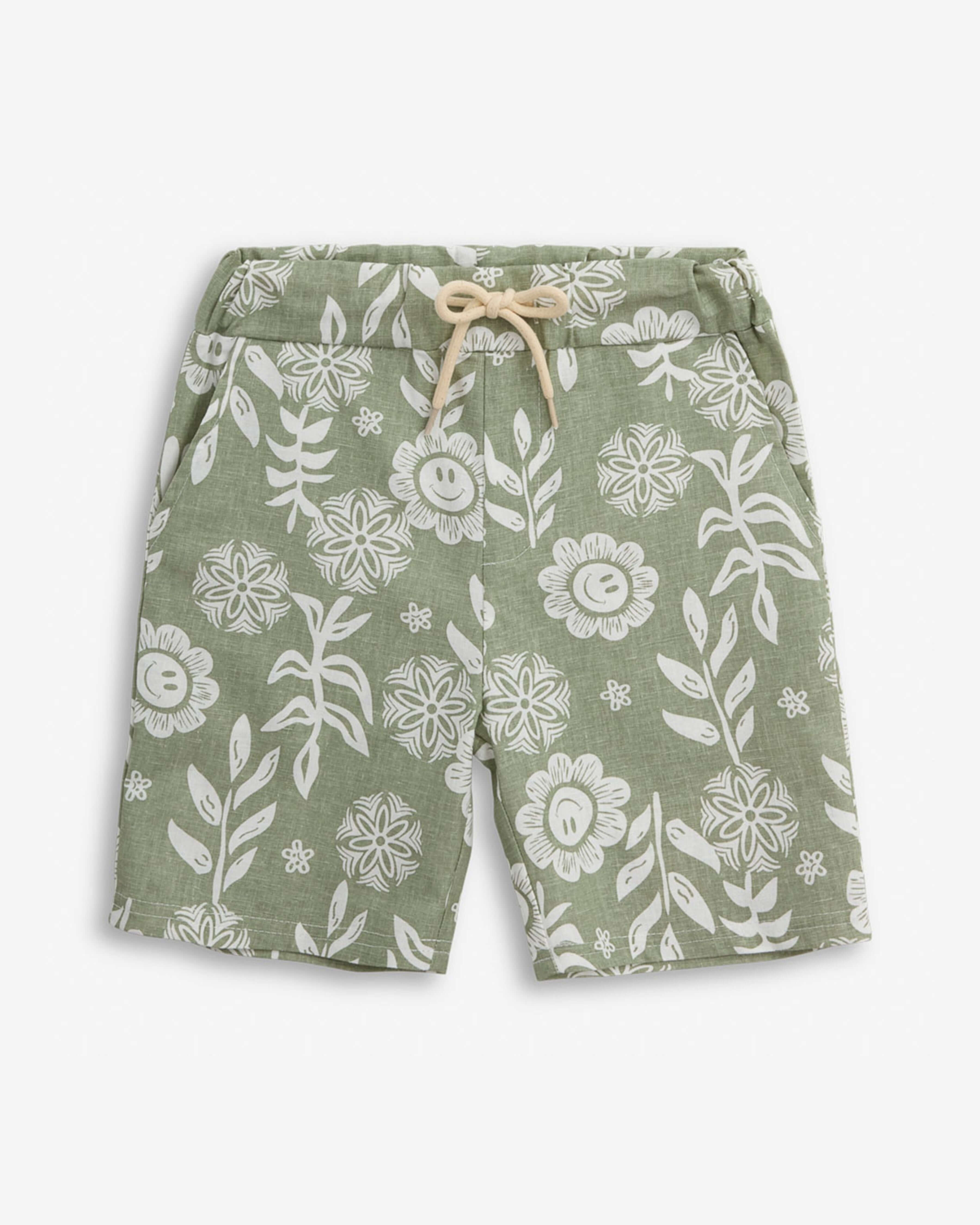 Linen Sage Sunflower Resort Set featuring breathable shorts with floral pattern and drawstring waistband for high quality kids' clothing.