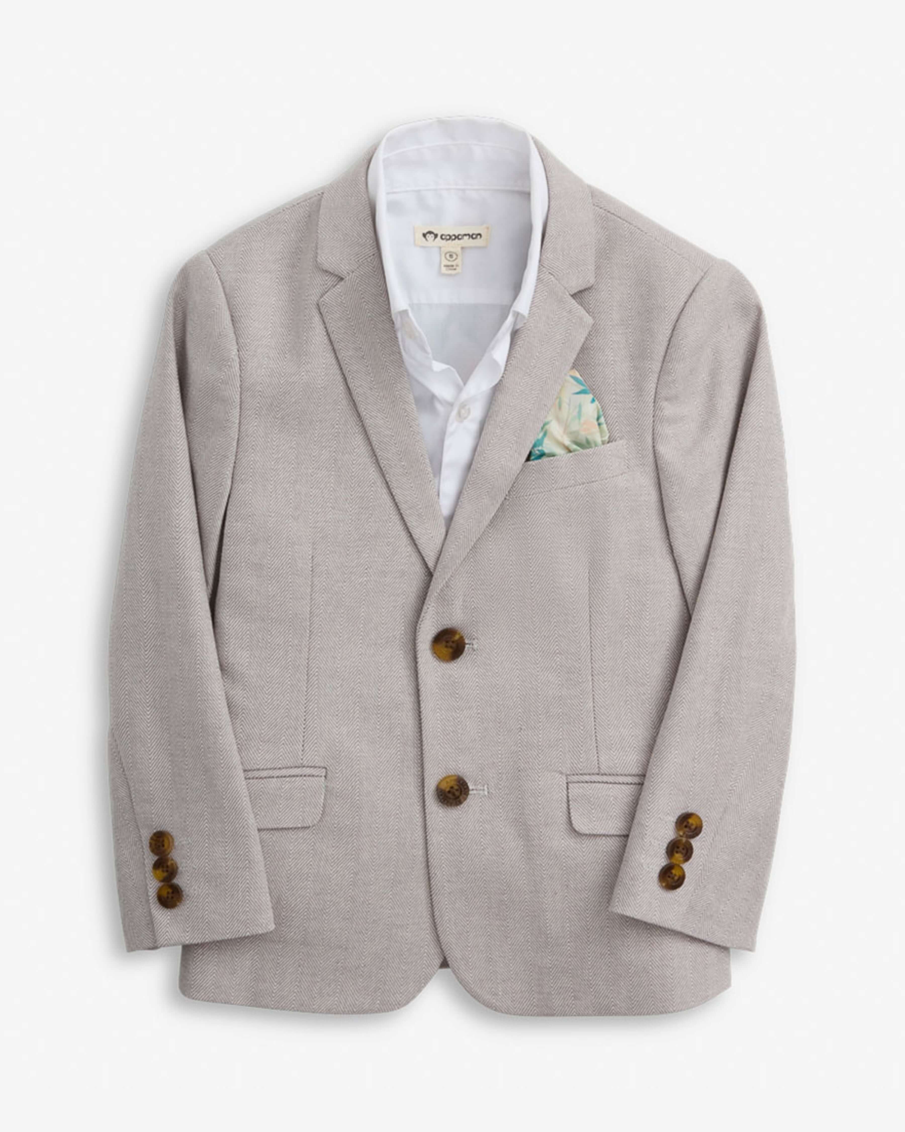 Linen Warm Grey Sports Jacket featuring classic lapels, functional pockets, polished buttons, and a removable pocket square.