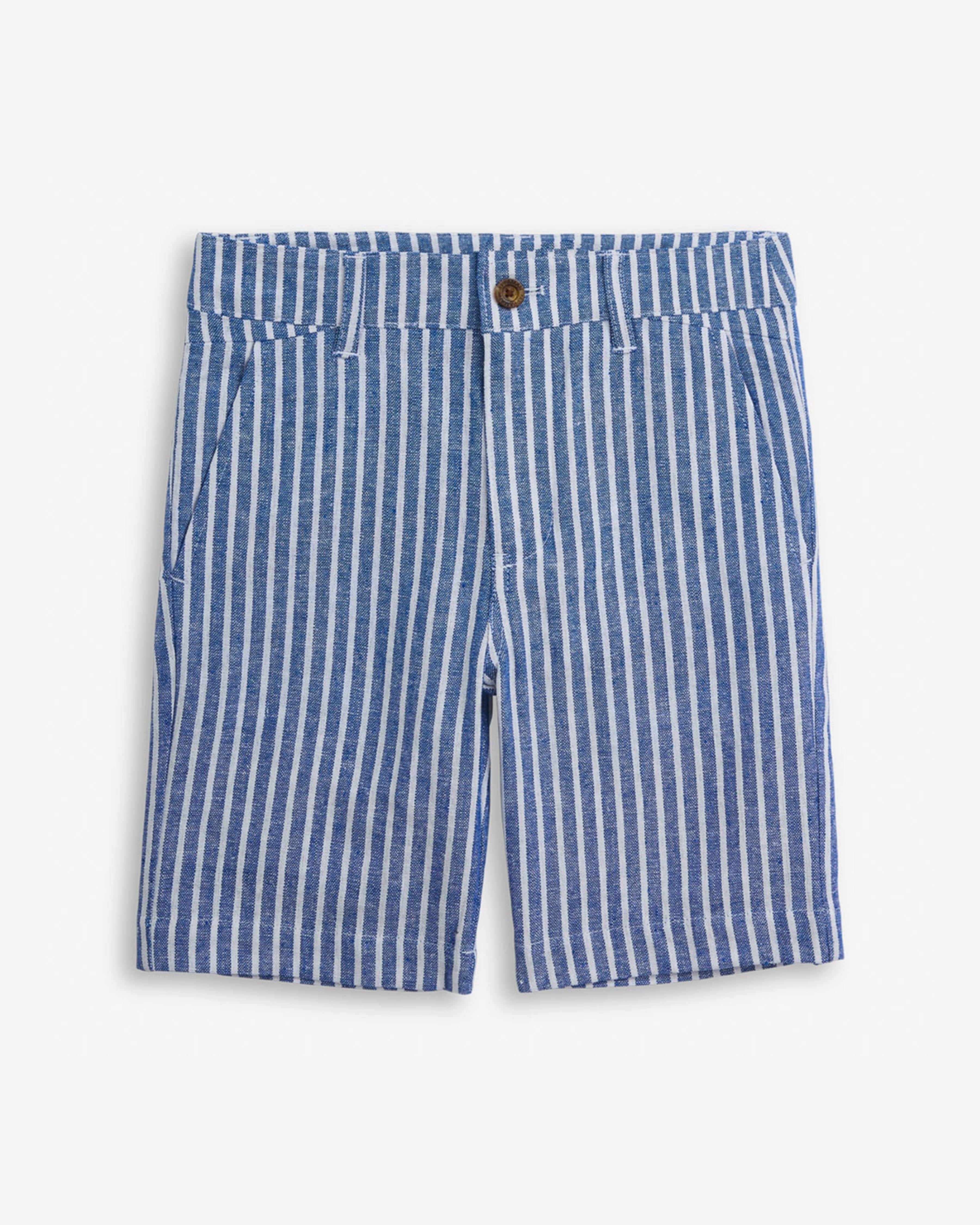 Linen Canopy Stripe Trouser Short featuring a blue and white striped design, perfect for warm weather and stylish outfits.
