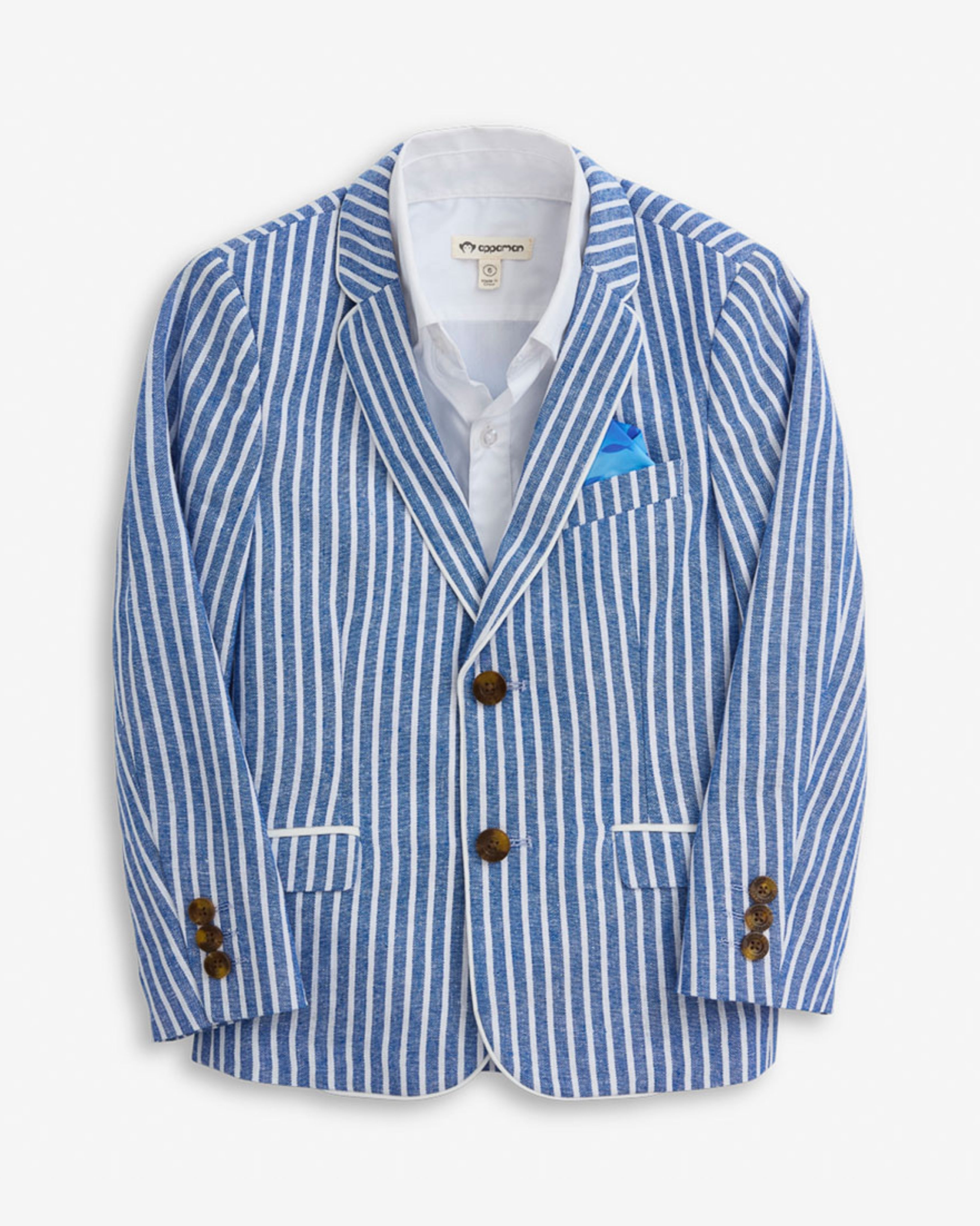 Linen Canopy Stripe Club Blazer in blue and white stripe with classic lapels and pocket square.