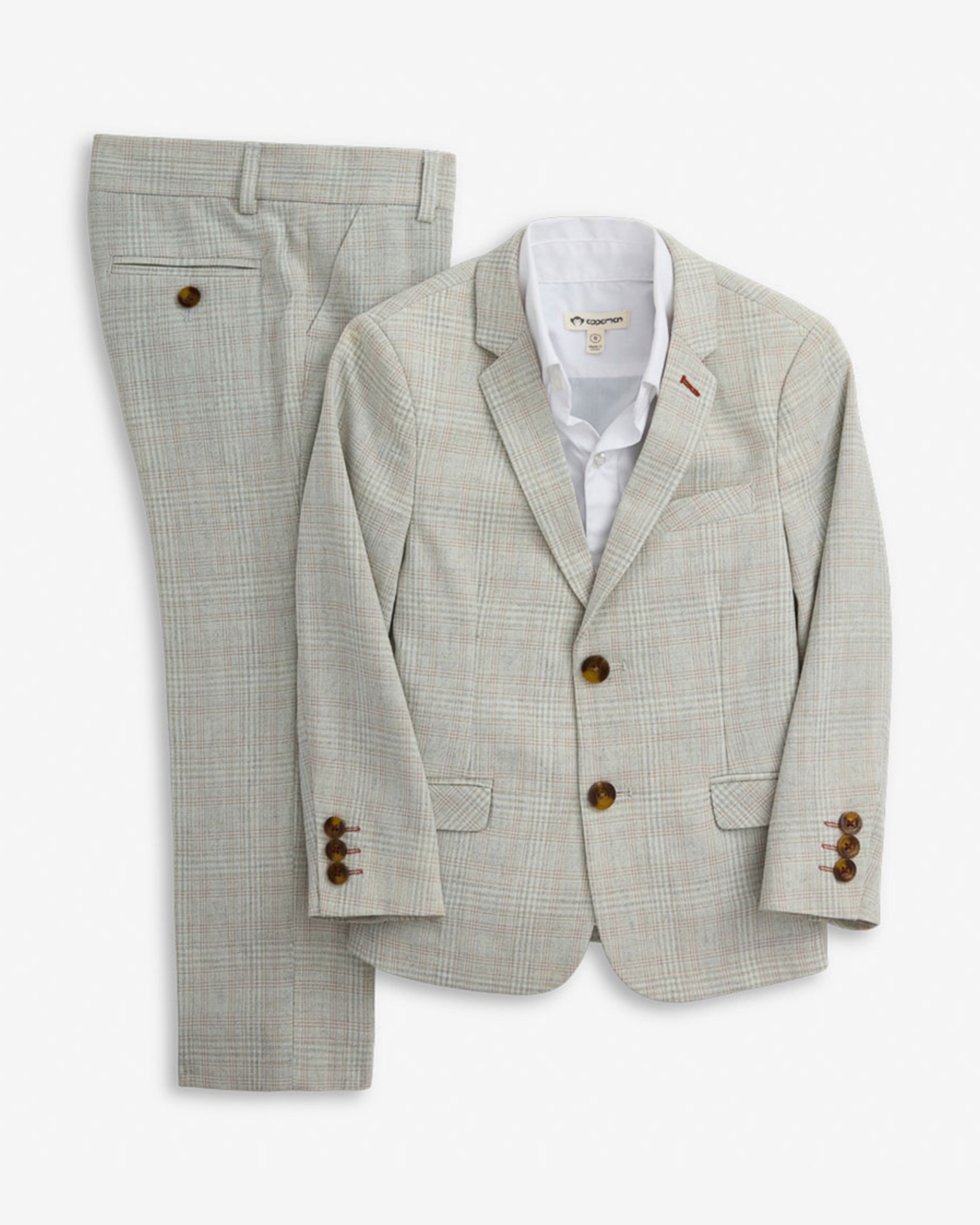 Linen Oceanside Plaid Stretchy Mod Suit featuring a tailored jacket and matching pants for boys.