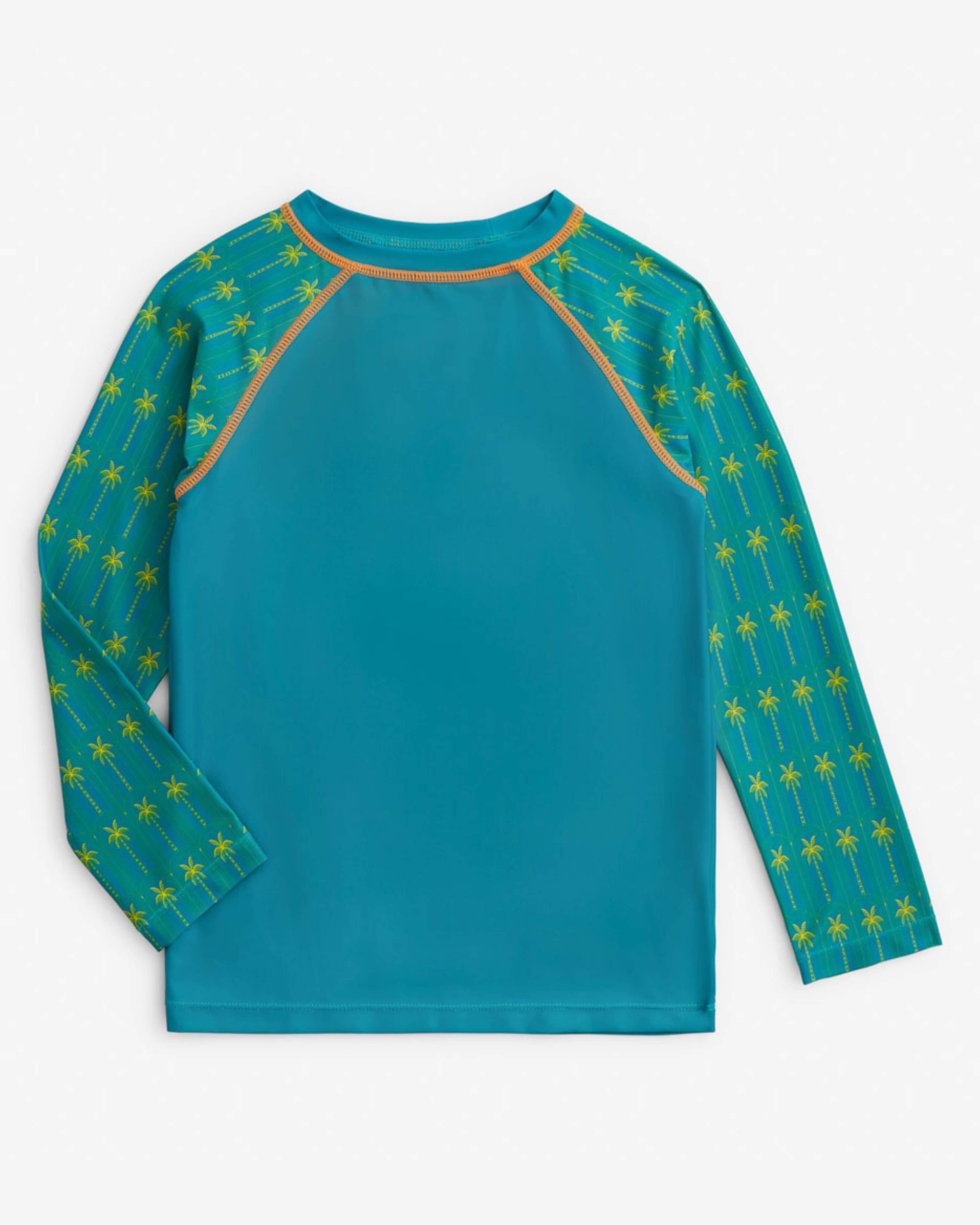 Luxury Palms Swim Set long-sleeve shirt with palm print design for high quality kids' clothing.