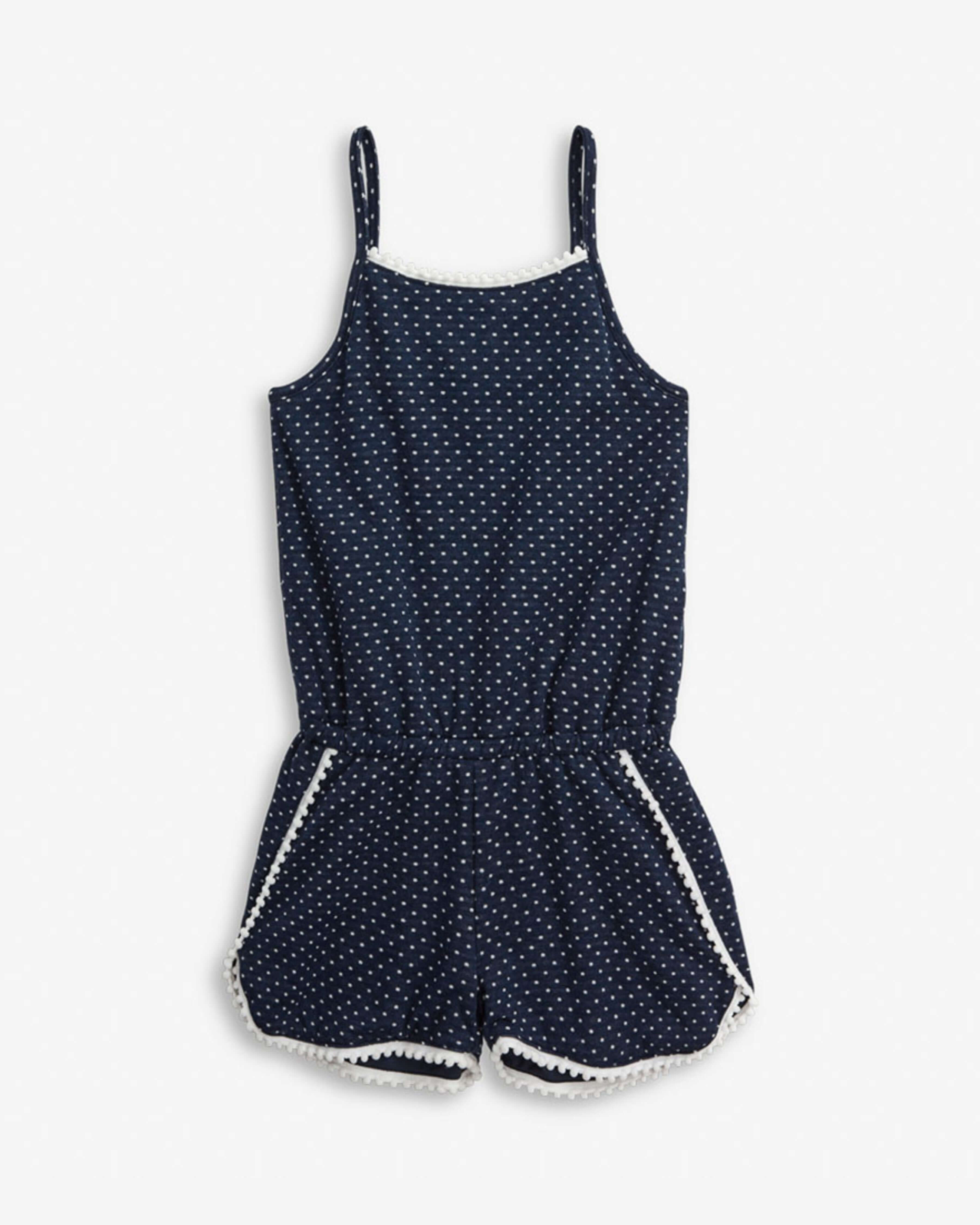 Navy Blue Novia Romper for girls featuring a square neckline, sleeveless design, and playful polka dots.