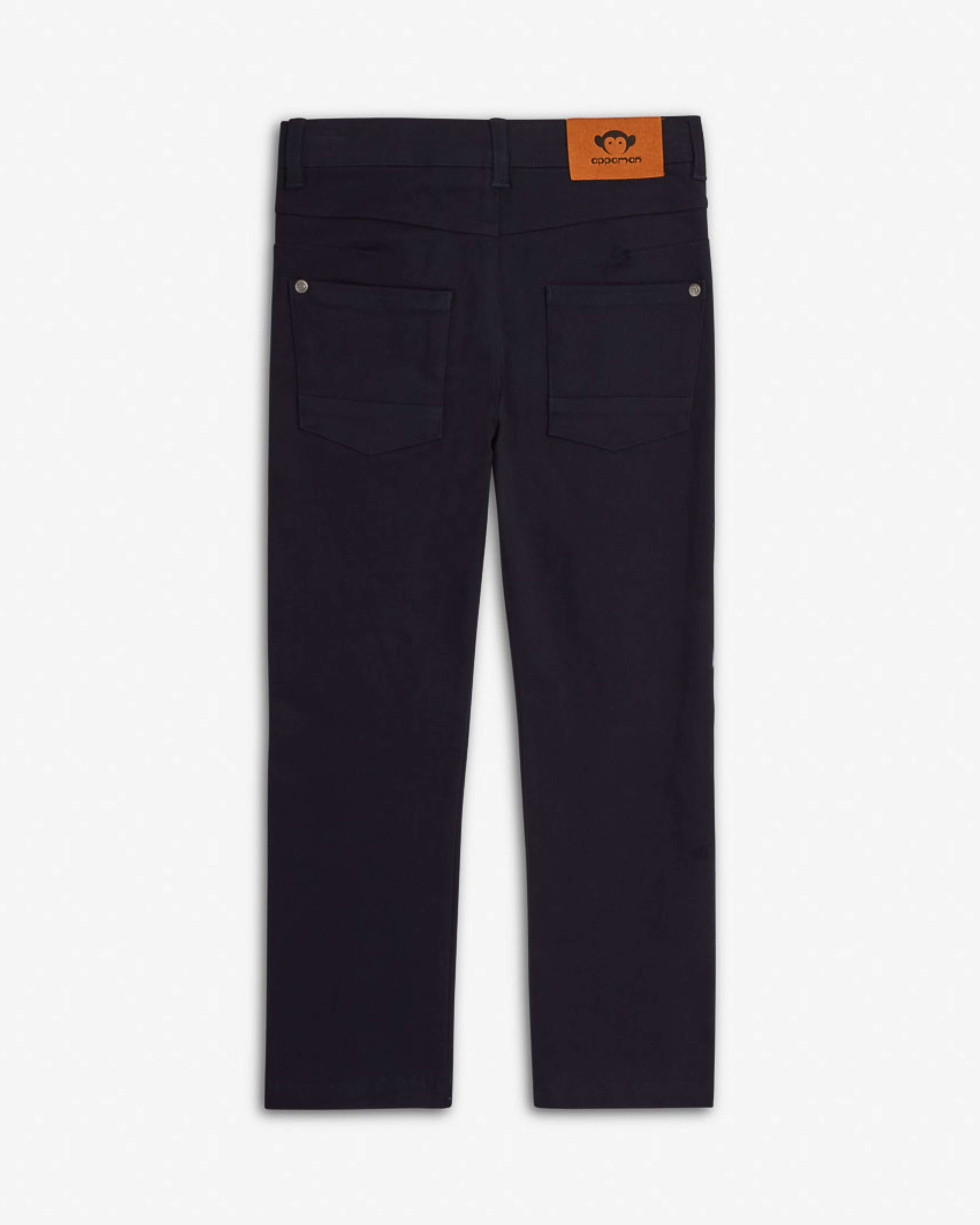 Back view of Navy Blue Commuter Twill Pants highlighting high quality kids clothing and signature back logo patch.