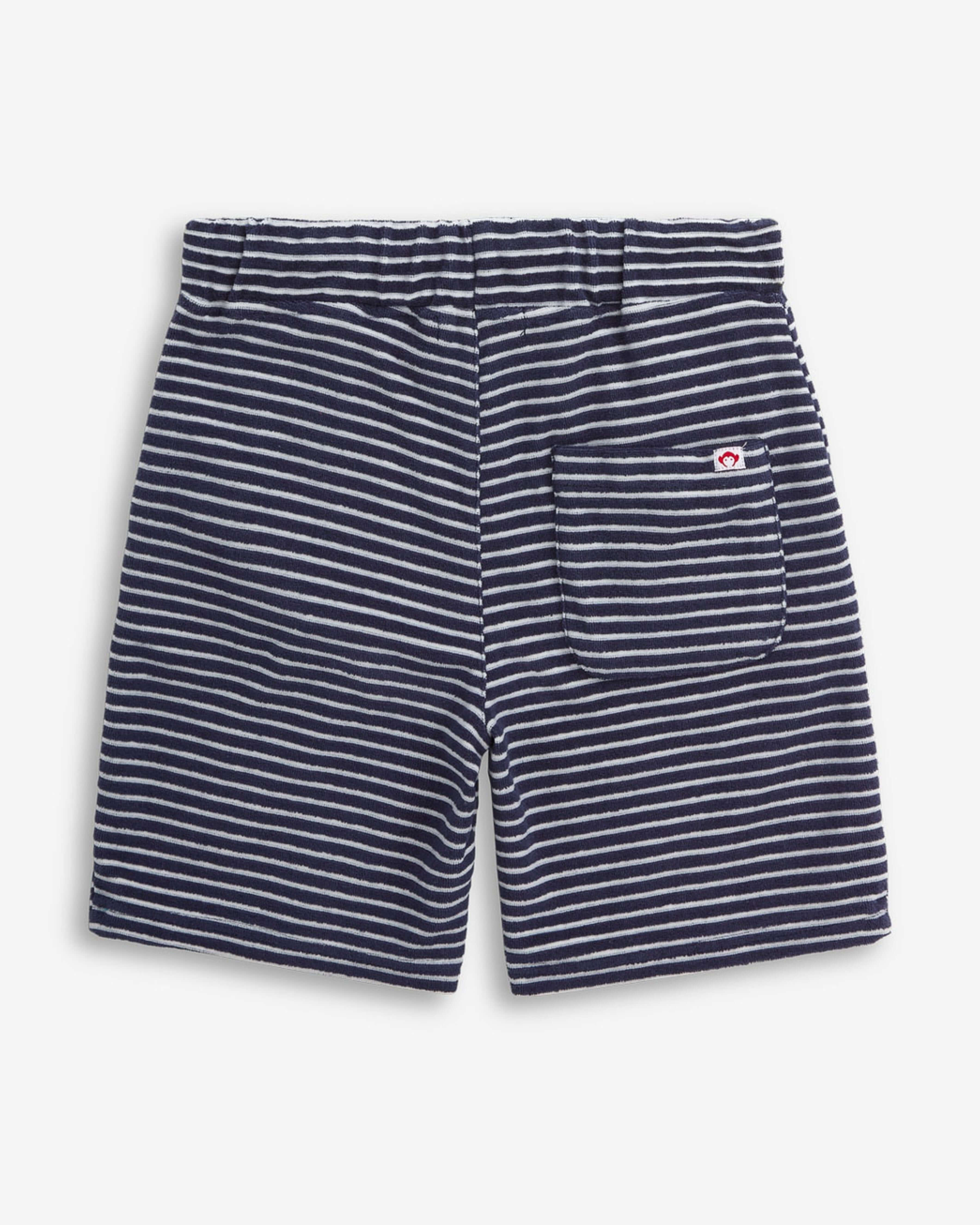 Navy Stripe Preston Short featuring a pull-on design, front and back pockets, and comfortable drawstring.