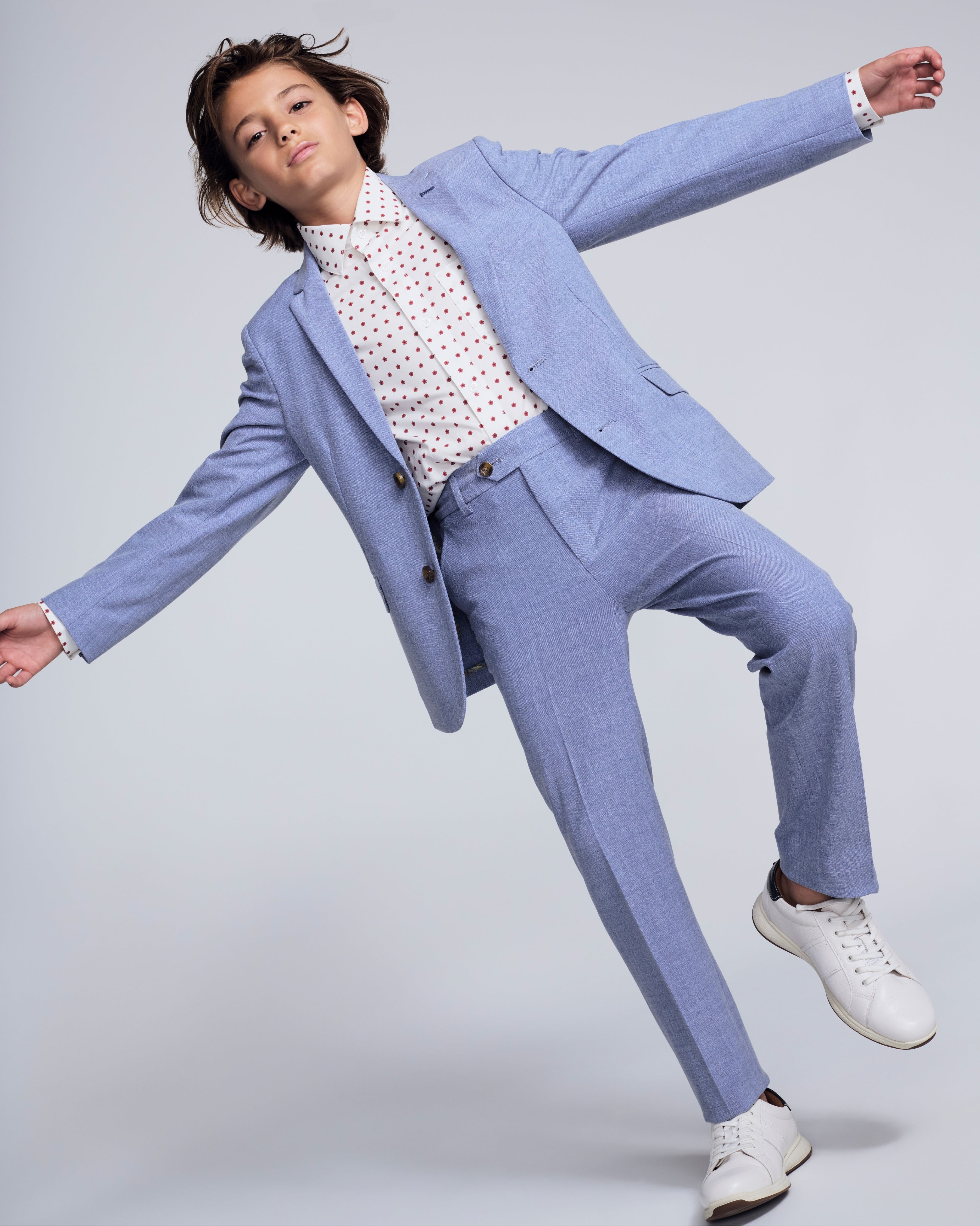 Pacific Blue Stretchy Mod Suit for kids, featuring a tailored jacket and skinny leg pants in a stylish pose.