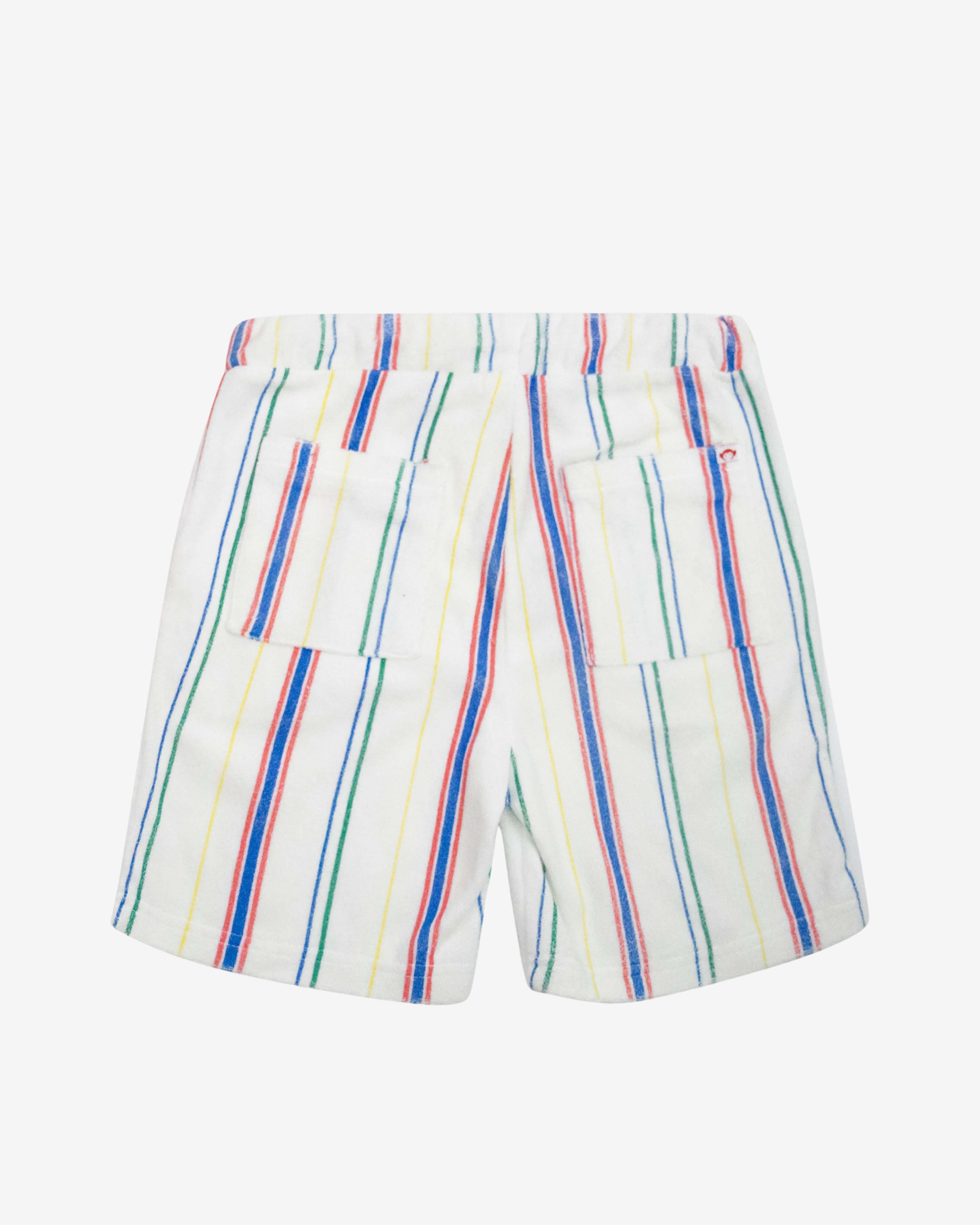 Back view of Painter's Stripe Terry Resort Short showing colorful stripes and pockets.