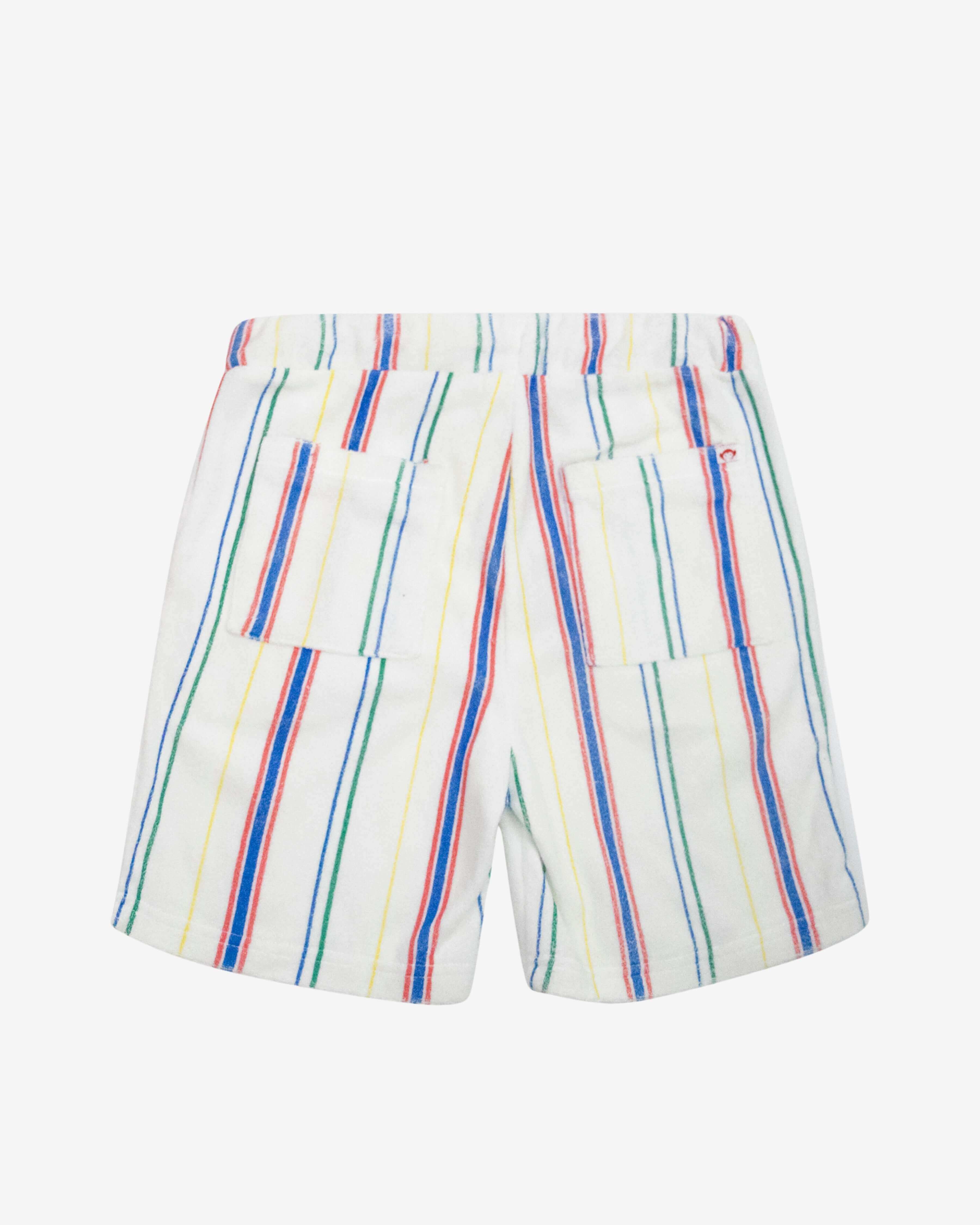 Back view of Painter's Stripe Terry Resort Short showing colorful stripes and pockets.