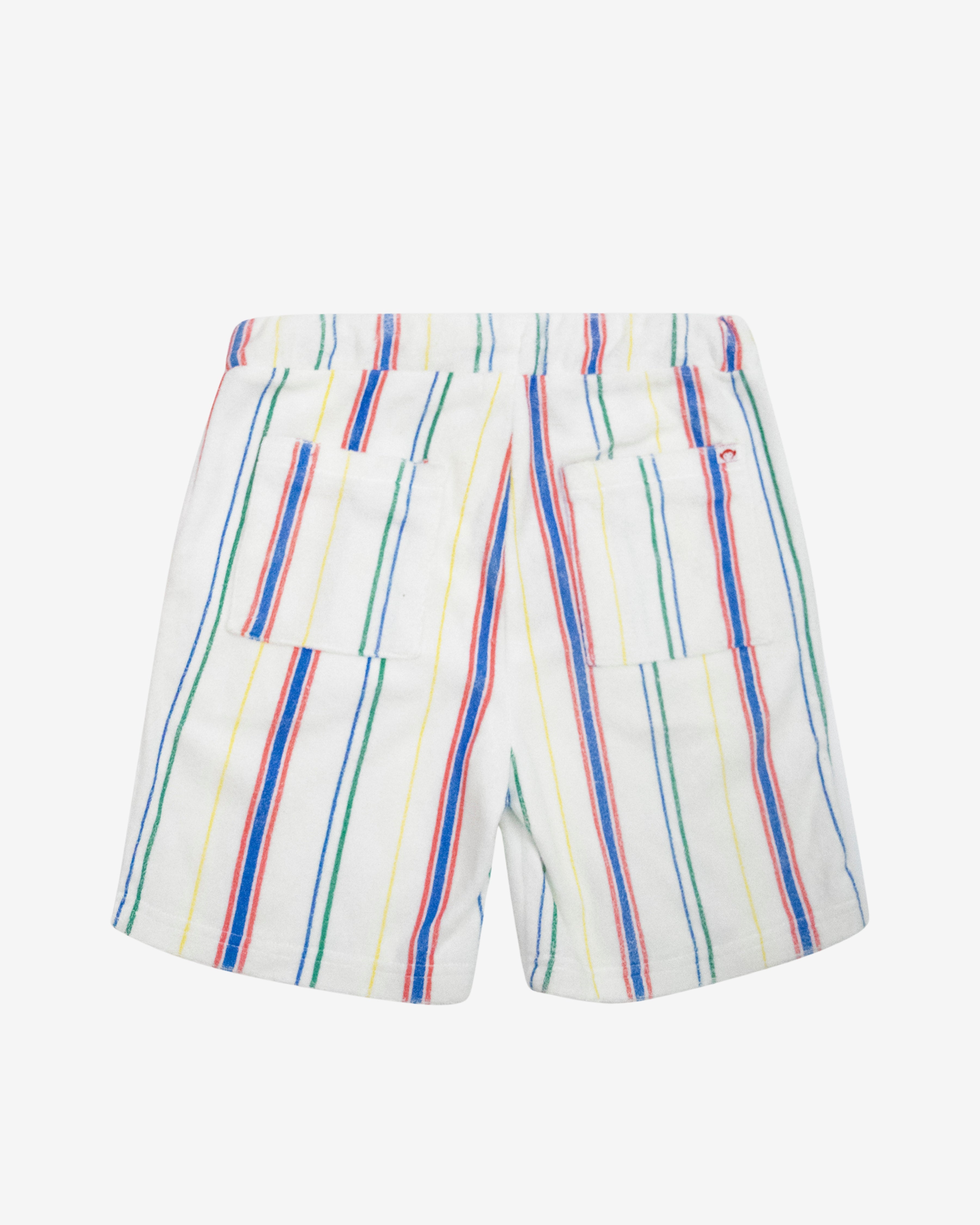 Back view of Painter's Stripe Terry Resort Short showing colorful stripes and pockets.