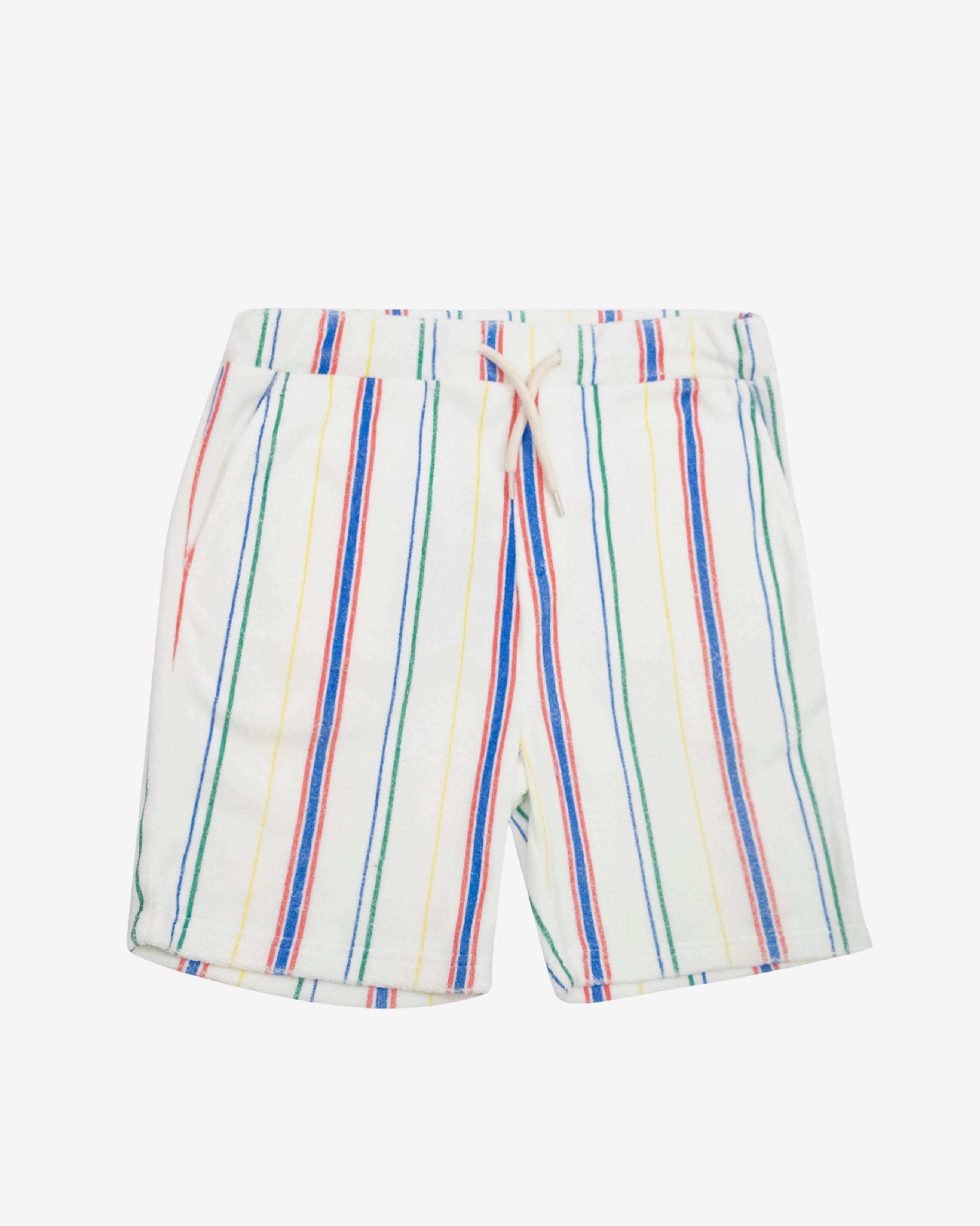 Painter's Stripe Terry Resort Short featuring a colorful stripe design and elastic drawstring waist.
