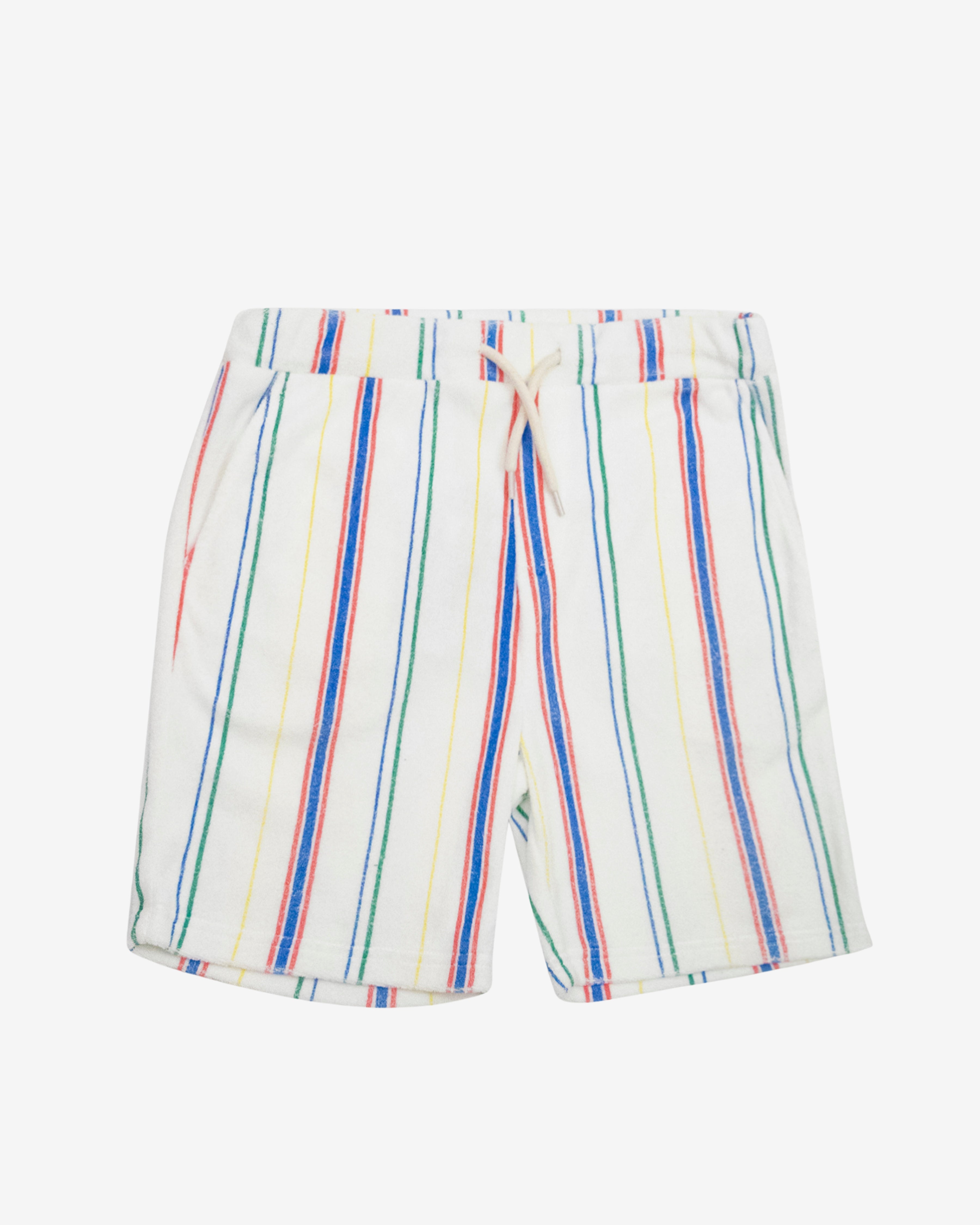 Painter's Stripe Terry Resort Short featuring a colorful stripe design and elastic drawstring waist.