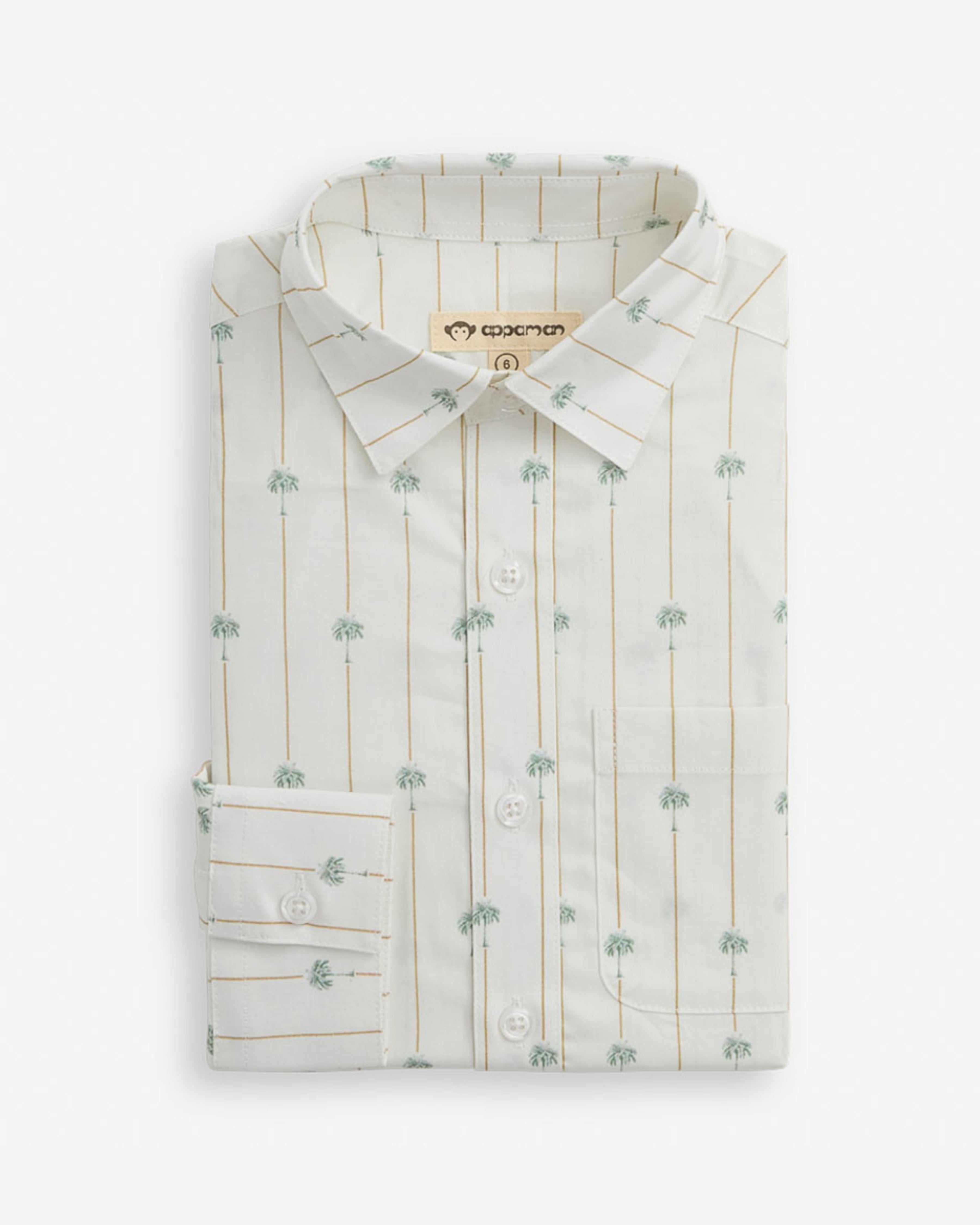 Palm Stripe Standard Button Down Shirt folded with palm tree design on a white background.