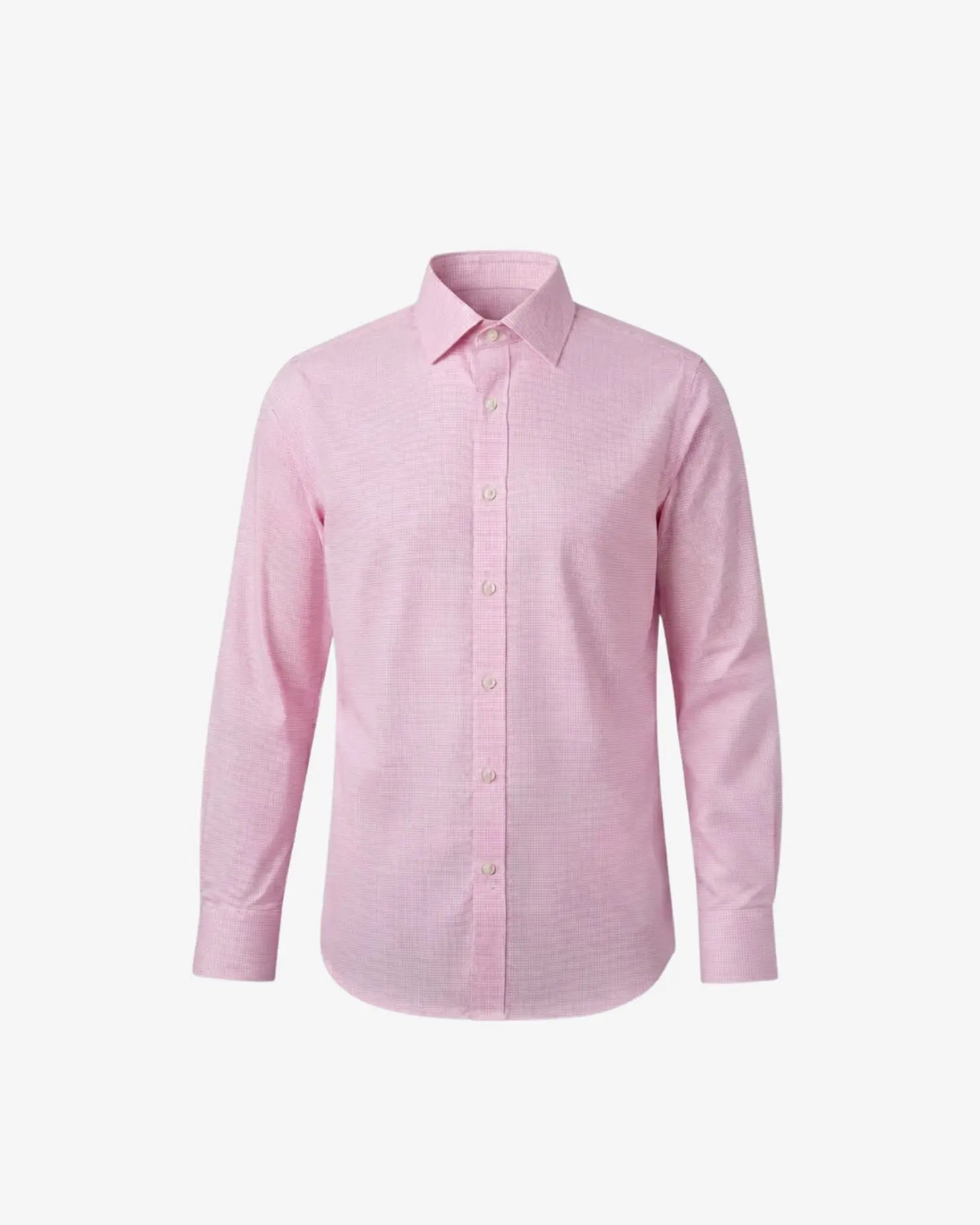 A light pink long-sleeve button-down shirt with a subtle micro-check pattern, displayed on a clean white background.