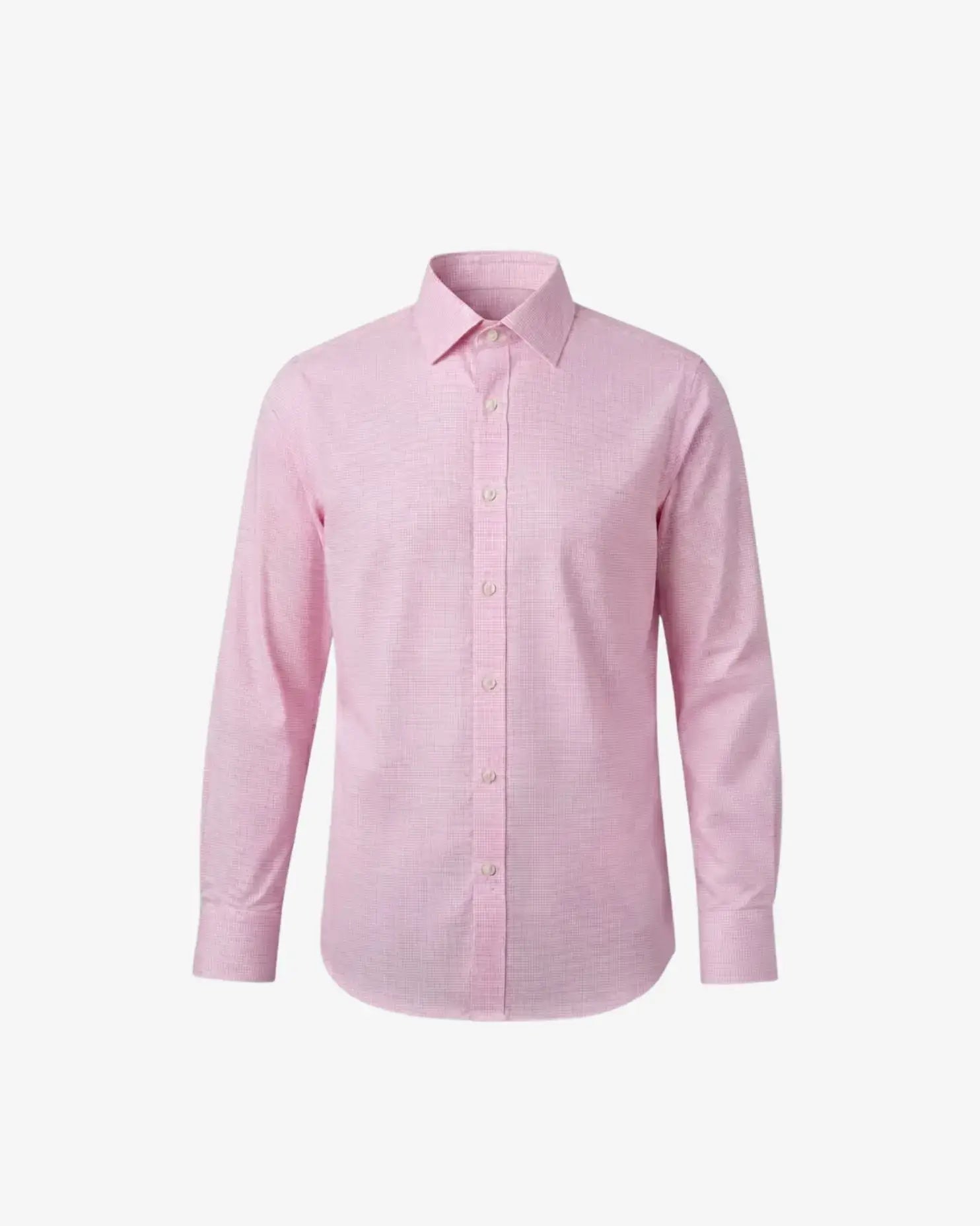 A light pink long-sleeve button-down shirt with a subtle micro-check pattern, displayed on a clean white background.