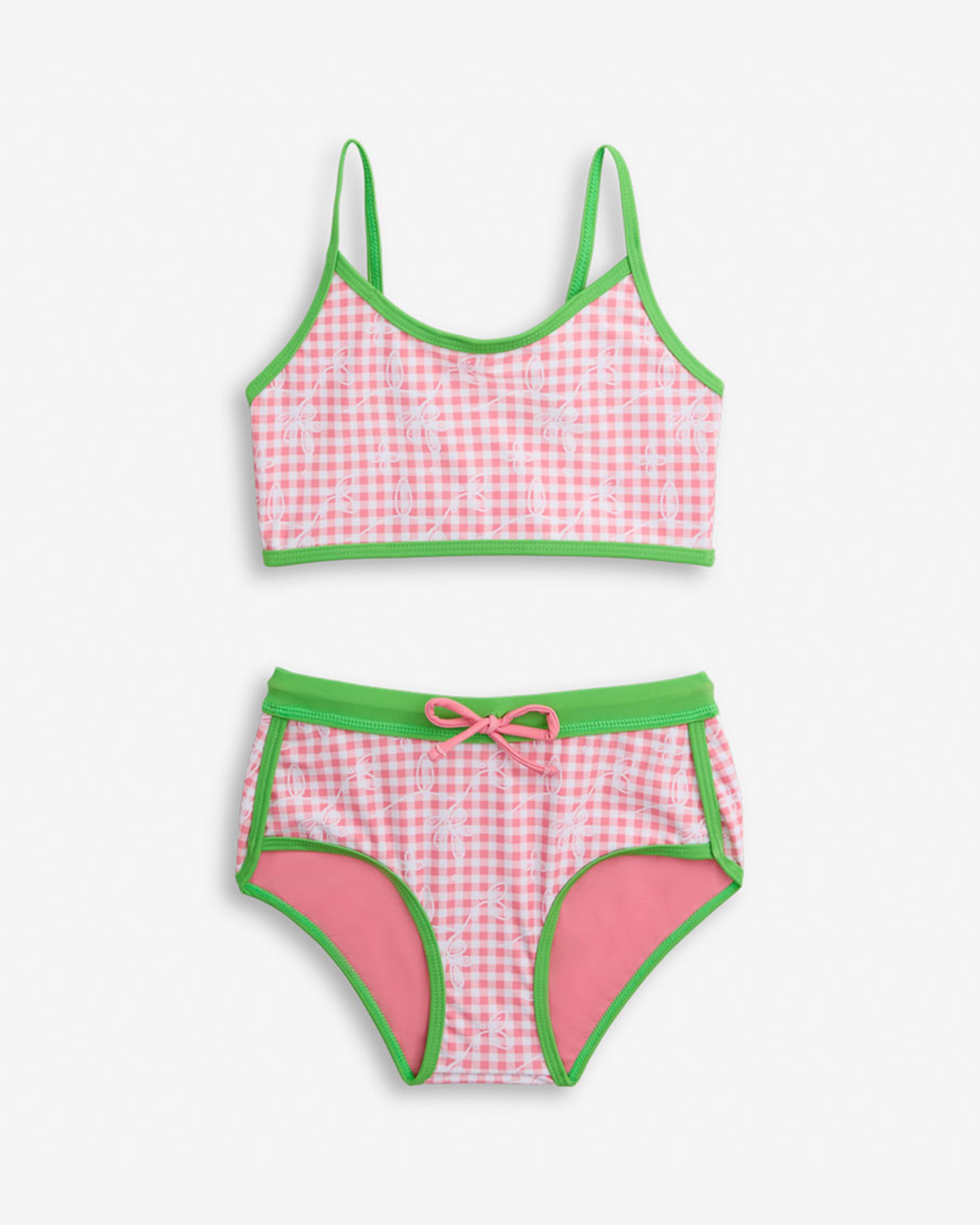 Pink Gingham Stella Swim Short Set featuring a scoop neck top and wide waistband, perfect for sunny days.