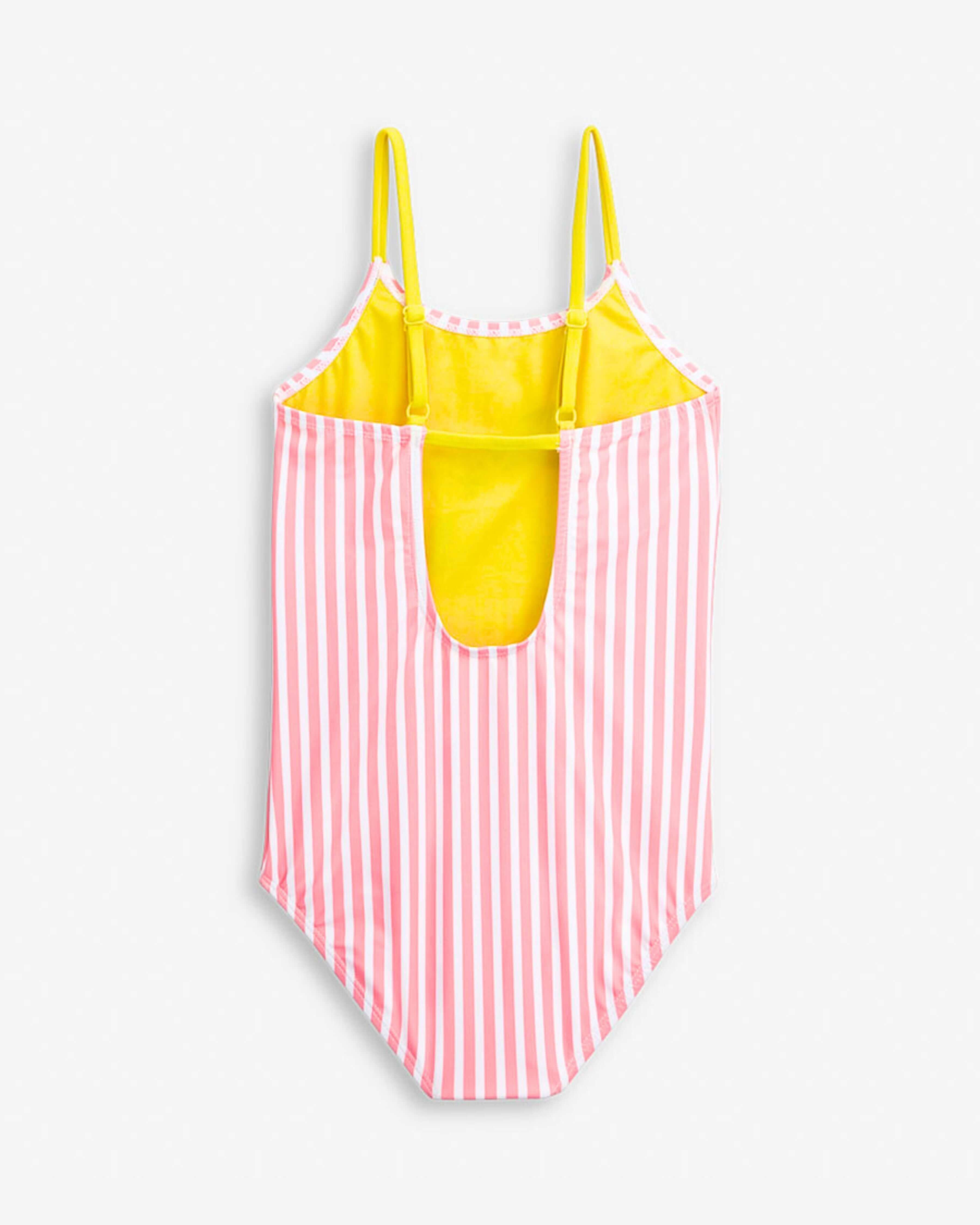 Pink Stripes Taylor Swimsuit with pink and yellow stripes, scoop neckline, and spaghetti straps for girls.
