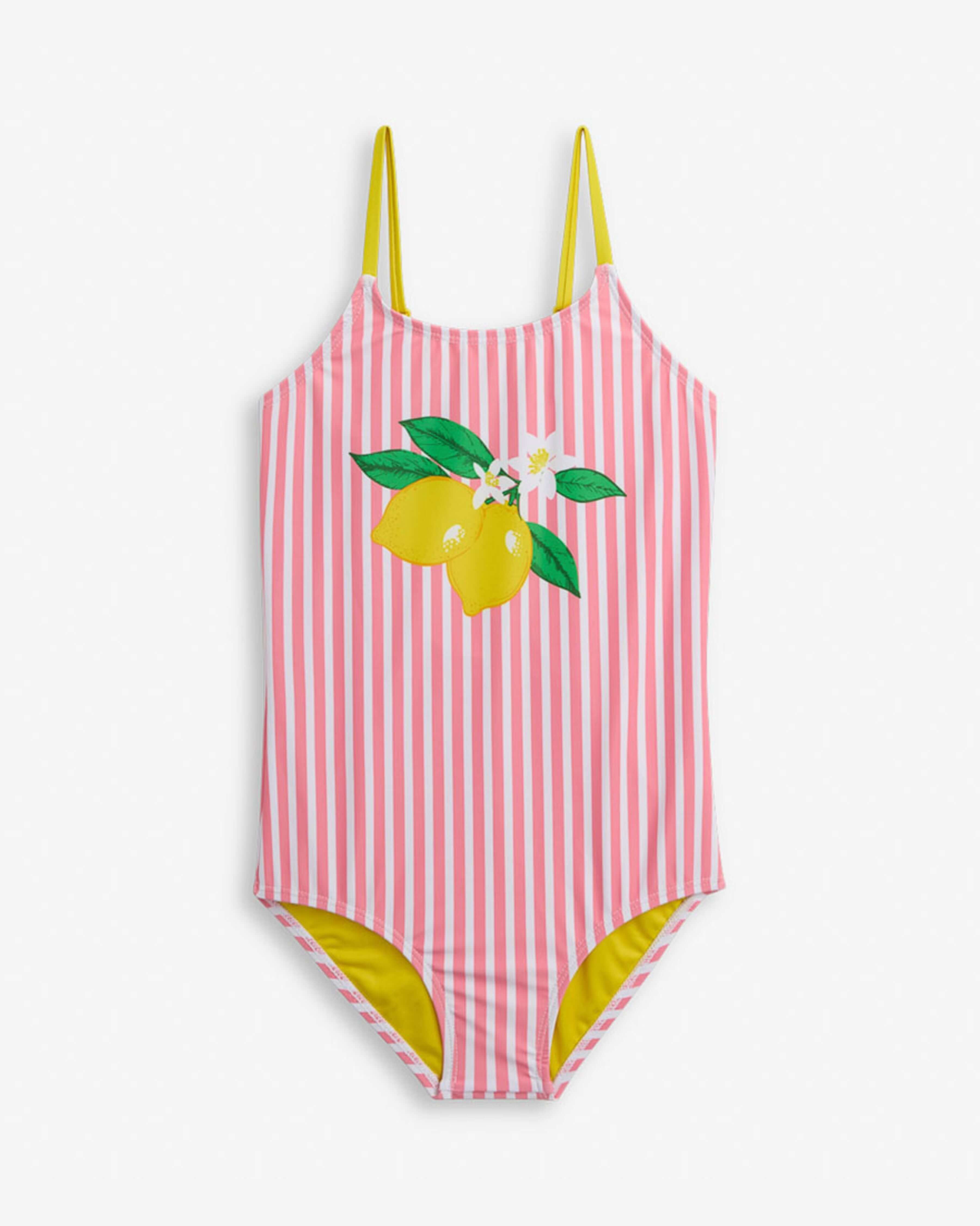 Pink Stripes Taylor Swimsuit with lemon graphics and pink striped pattern for girls.