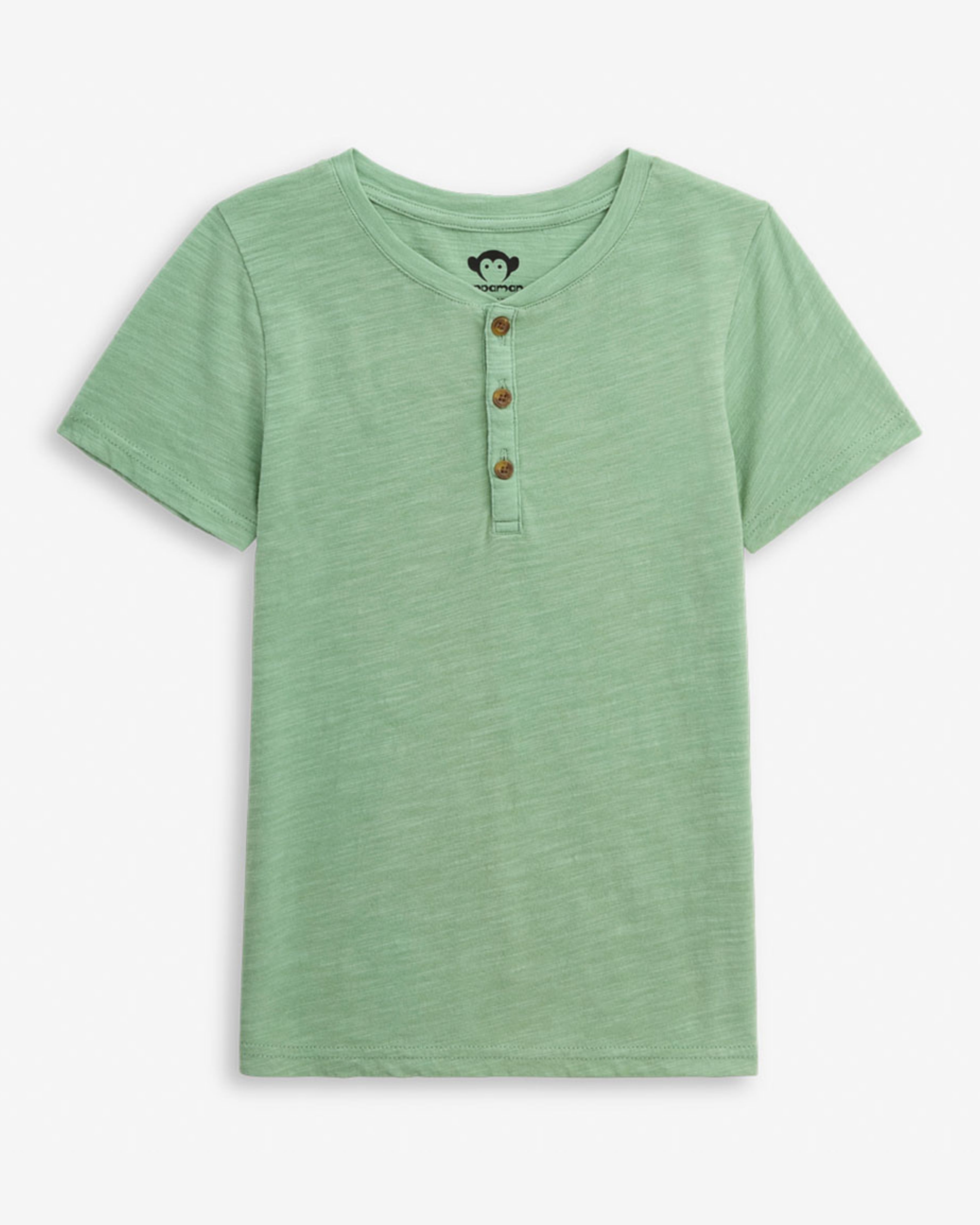 Pistachio Day Party Henley short sleeve shirt in light green with button placket for boys spring and summer wear.