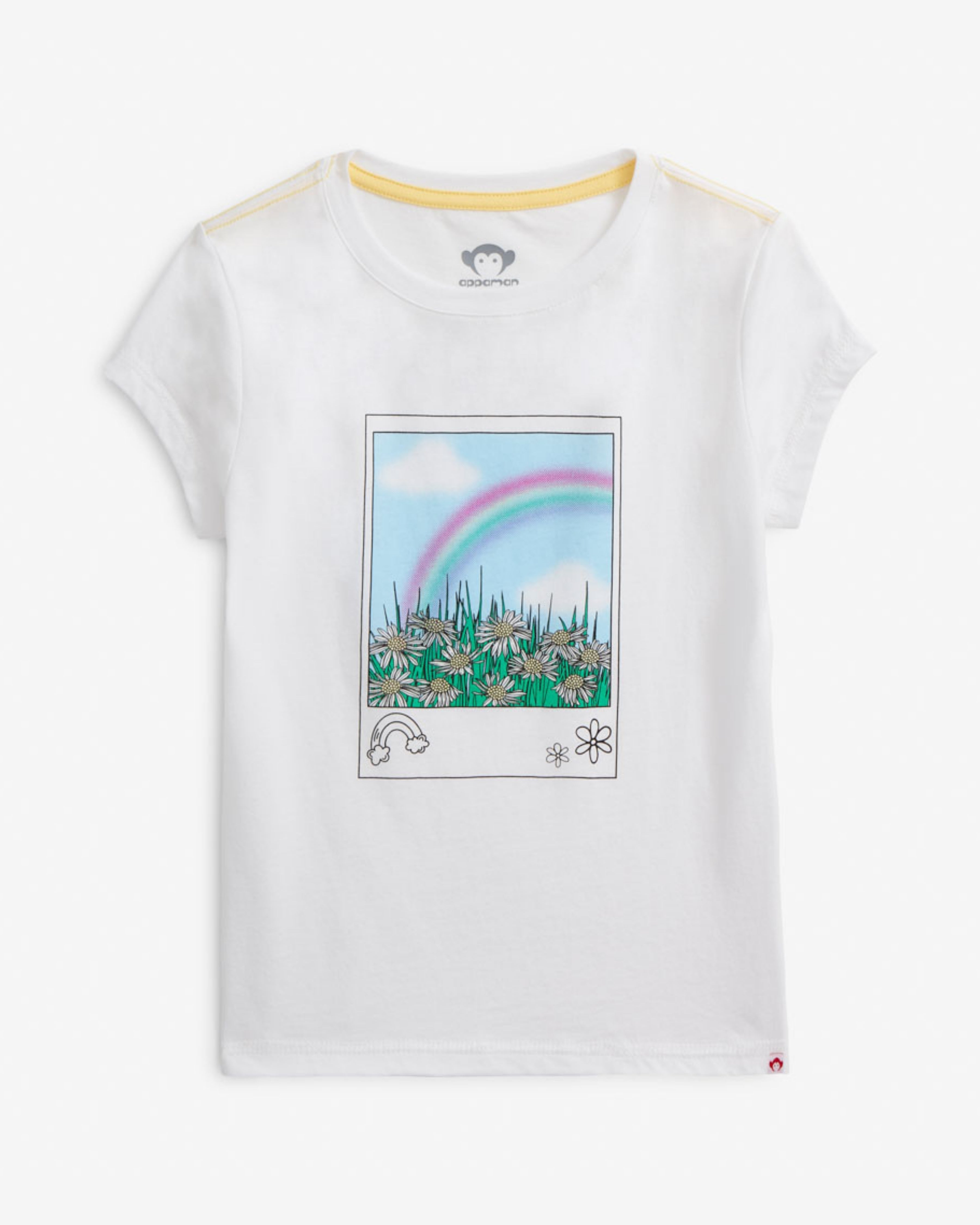 Polaroid White Circle Tee with a colorful rainbow graphic on a soft white fabric.
